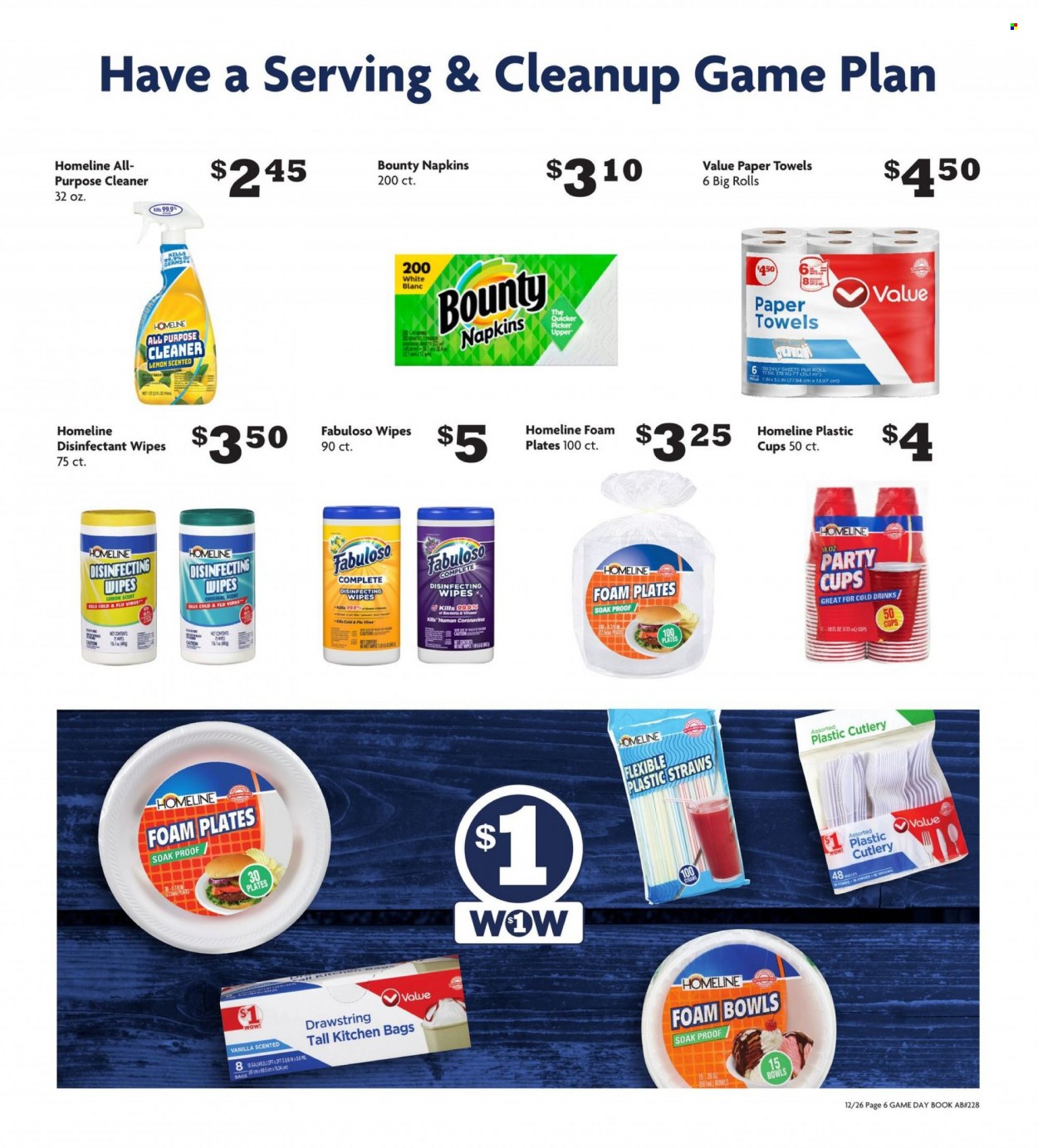 thumbnail - Family Dollar Flyer - 12/26/2021 - 02/06/2022 - Sales products - Bounty, wipes, napkins, kitchen towels, paper towels, cleaner, desinfection, all purpose cleaner, Fabuloso, knife, plate, cup, disposable cutlery, straw, foam plates, party cups, book. Page 6.