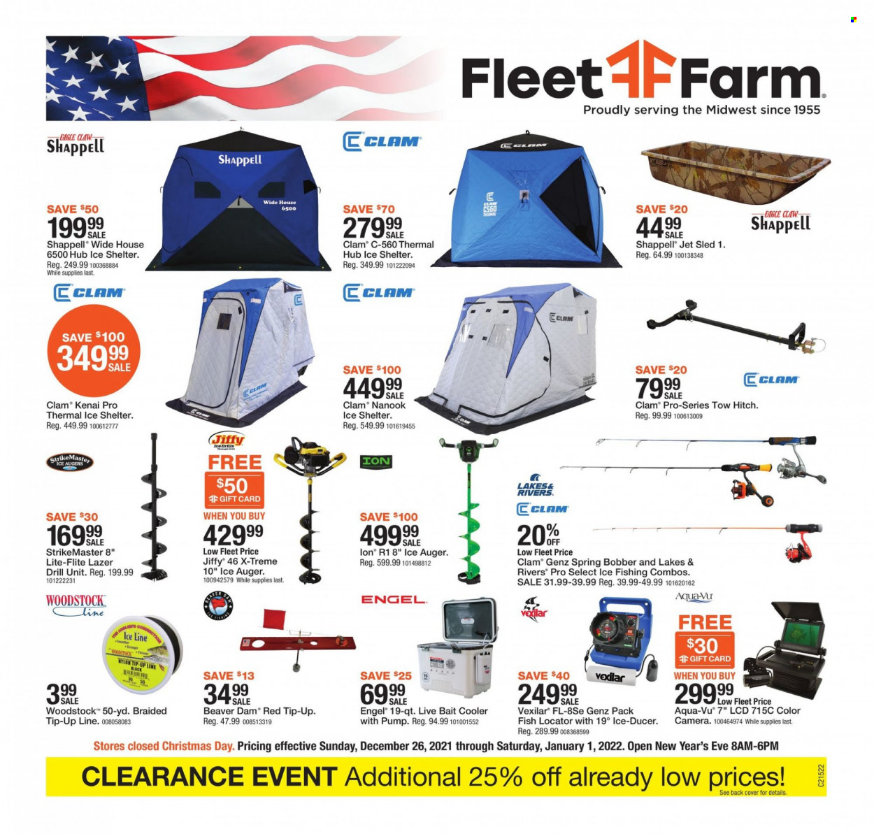 thumbnail - Fleet Farm Flyer - 12/26/2021 - 01/01/2022 - Sales products - Jet, camera, ice fishing, ice shelter, drill, ice auger, pump, Jiffy. Page 1.