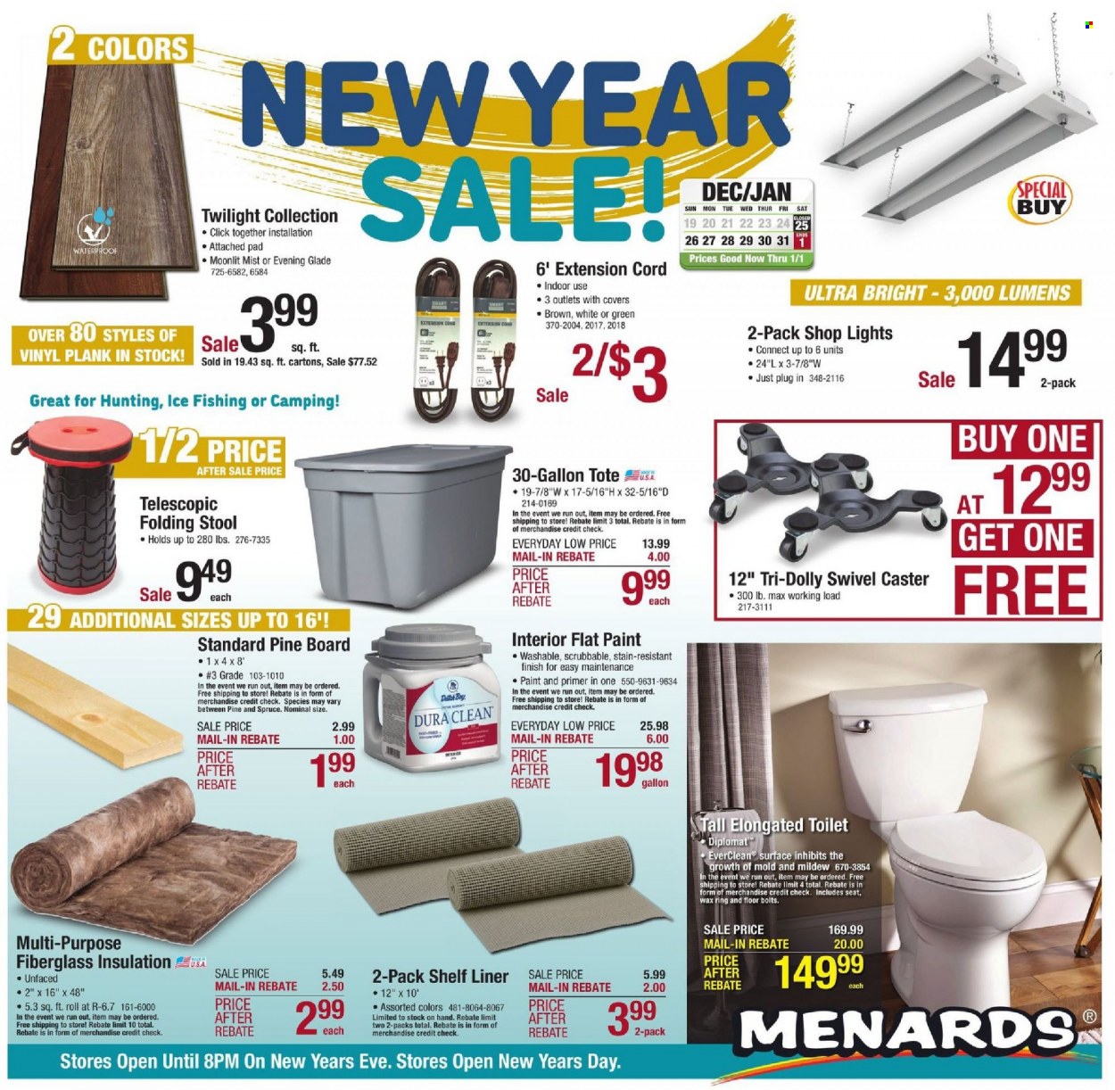 Menards Flyer - 12/25/2021 - 01/01/2022 - Sales products - toilet, Glade, stool, tote, paint, fiberglass insulation, extension cord. Page 1.