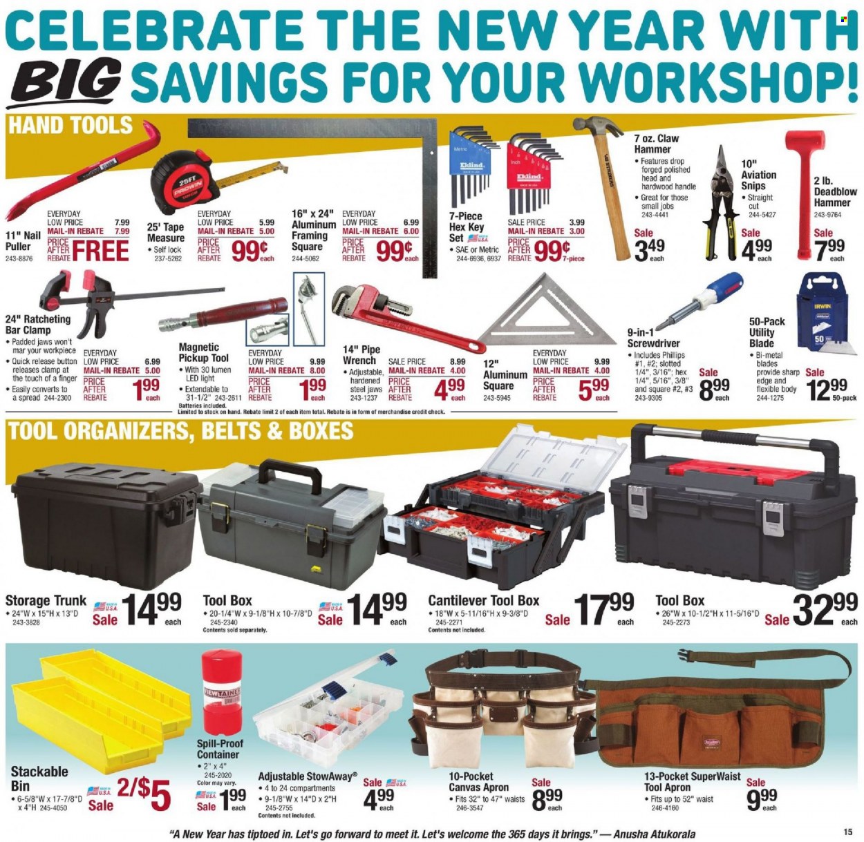 thumbnail - Menards Flyer - 12/25/2021 - 01/01/2022 - Sales products - bin, container, Sharp, canvas, screwdriver, hammer, snips, tool box, claw hammer, hand tools, measuring tape. Page 19.