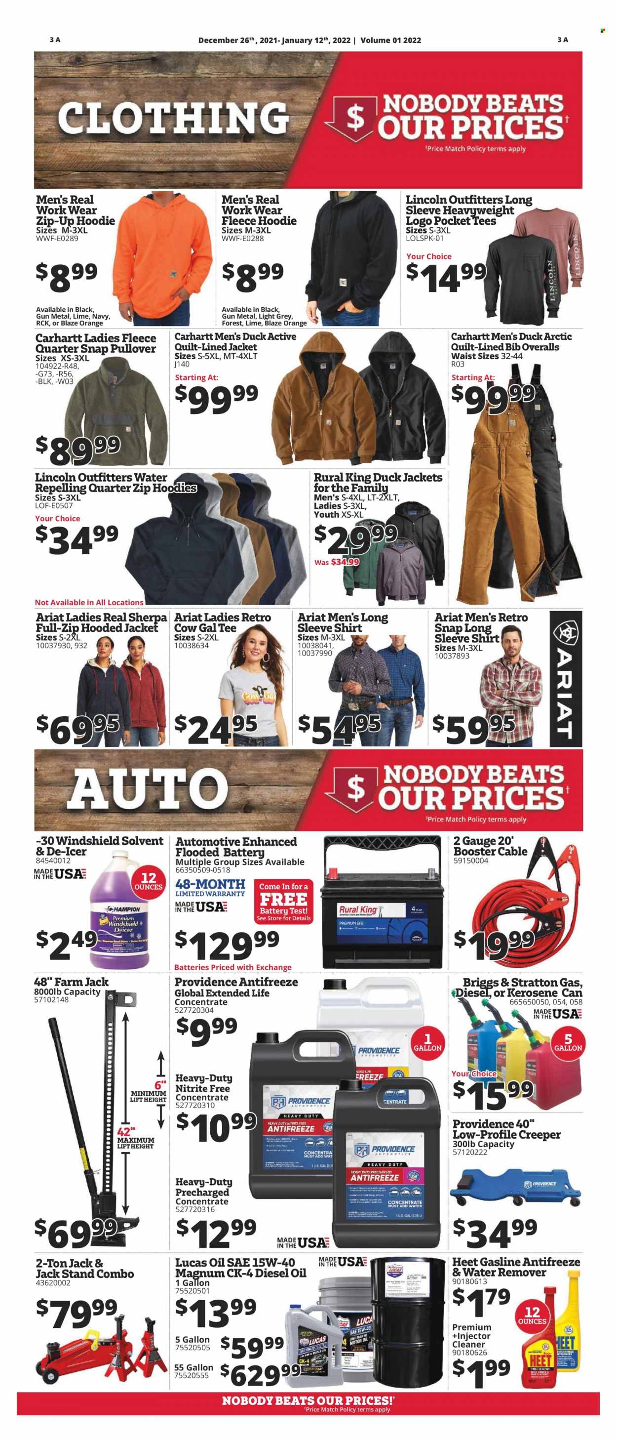 thumbnail - Rural King Flyer - 12/26/2021 - 01/12/2022 - Sales products - quilt, hoodie, jacket, long-sleeve shirt, shirt, t-shirt, sherpa, pullover, kerosene, booster cables, Lucas, injector cleaner, cleaner, antifreeze, water remover, diesel oil. Page 4.