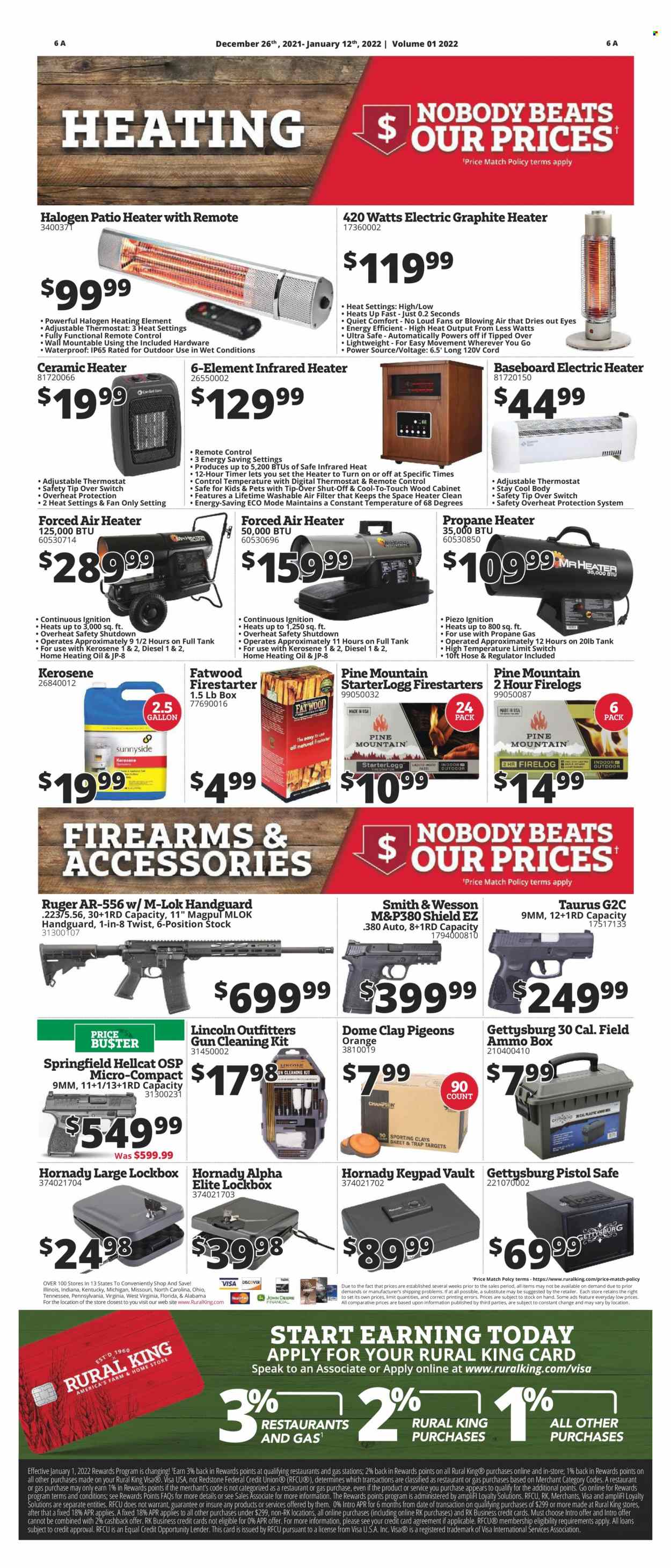 thumbnail - Rural King Flyer - 12/26/2021 - 01/12/2022 - Sales products - oil, tank, remote control, Ruger, Magpul, ammo can, ammo, electric heater, heater, cabinet, gun cleaning kit, kerosene, air filter. Page 7.