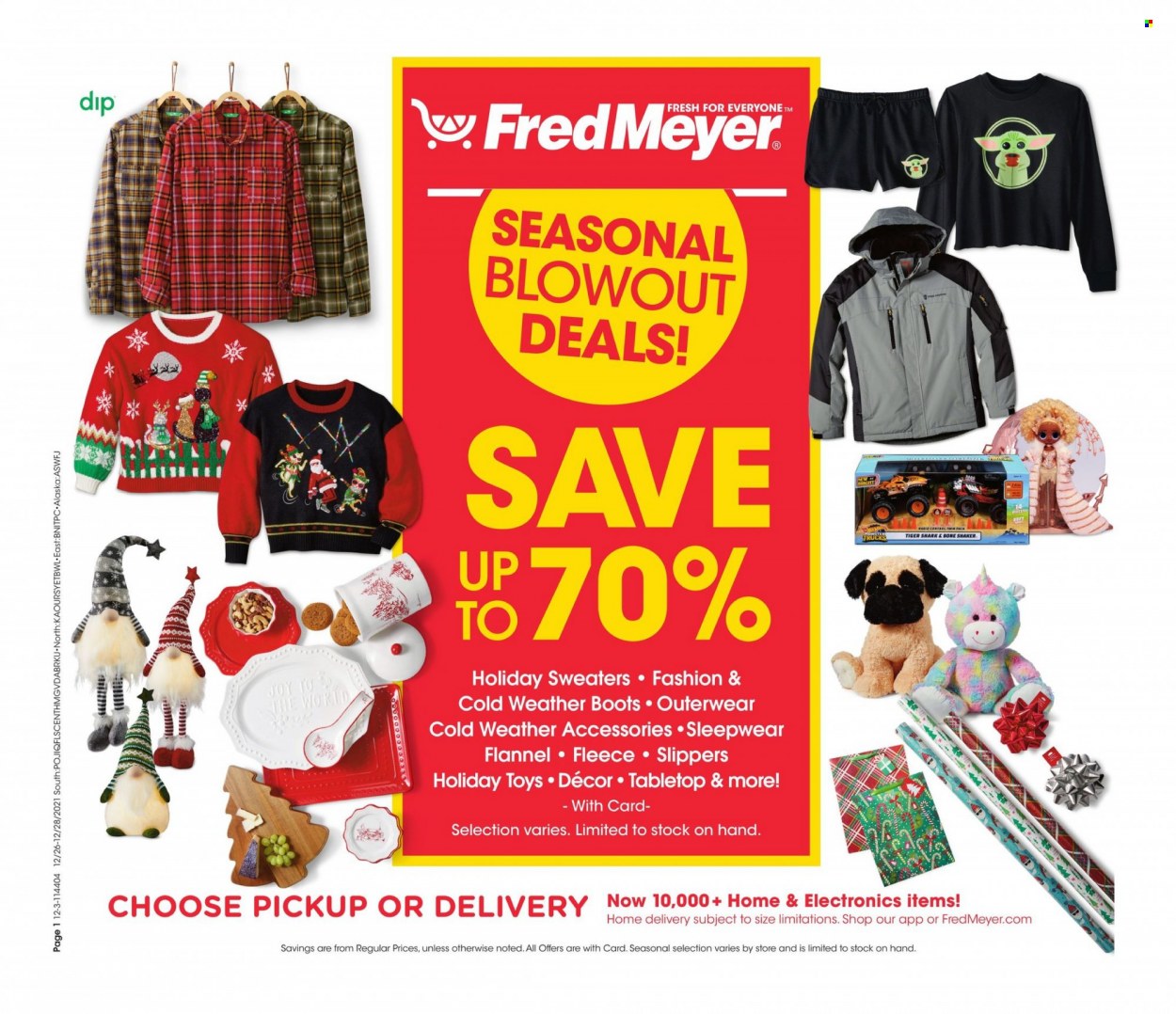 thumbnail - Fred Meyer Flyer - 12/26/2021 - 12/28/2021 - Sales products - boots, slippers, dip, Joy, shaker, toys, sleepwear. Page 1.