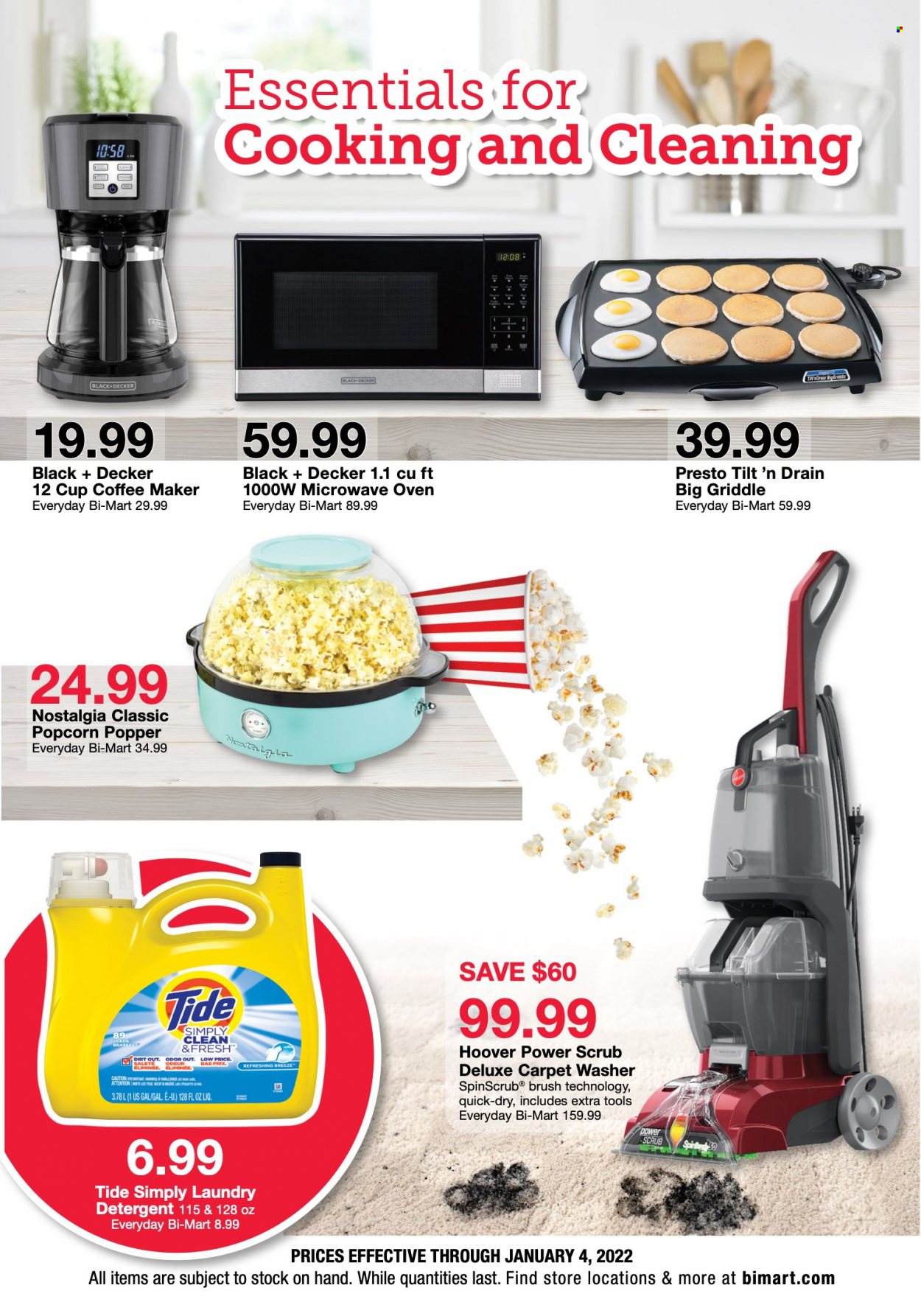 thumbnail - Bi-Mart Flyer - 12/26/2021 - 01/04/2022 - Sales products - popcorn, detergent, Tide, laundry detergent, cup, coffee machine, Black & Decker, carpet. Page 11.