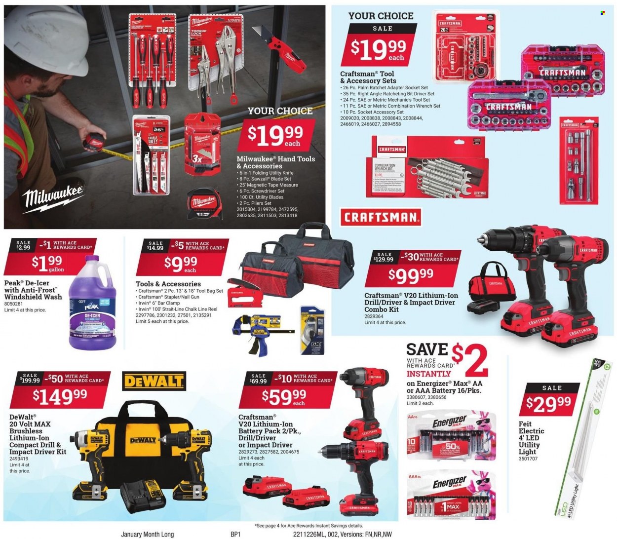 thumbnail - ACE Hardware Flyer - 12/26/2021 - 01/31/2022 - Sales products - tools & accessories, bag, gallon, stapler, Energizer, gun, reel, Milwaukee, DeWALT, screwdriver, impact driver, wrench, Craftsman, pliers, socket set, combo kit, tool set, wrench set, screwdriver set, hand tools, measuring tape, mechanic's tools, utility knife, tool bag. Page 2.