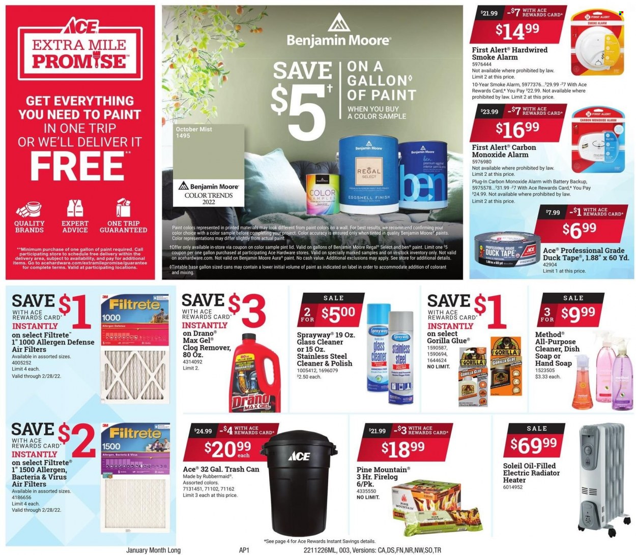 thumbnail - ACE Hardware Flyer - 12/26/2021 - 01/31/2022 - Sales products - cleaner, glass cleaner, trash can, lid, glue, alarm, smoke alarm, carbon monoxide alarm, polish, Benjamin Moore, heater, fire logs, duck tape, air filter. Page 3.