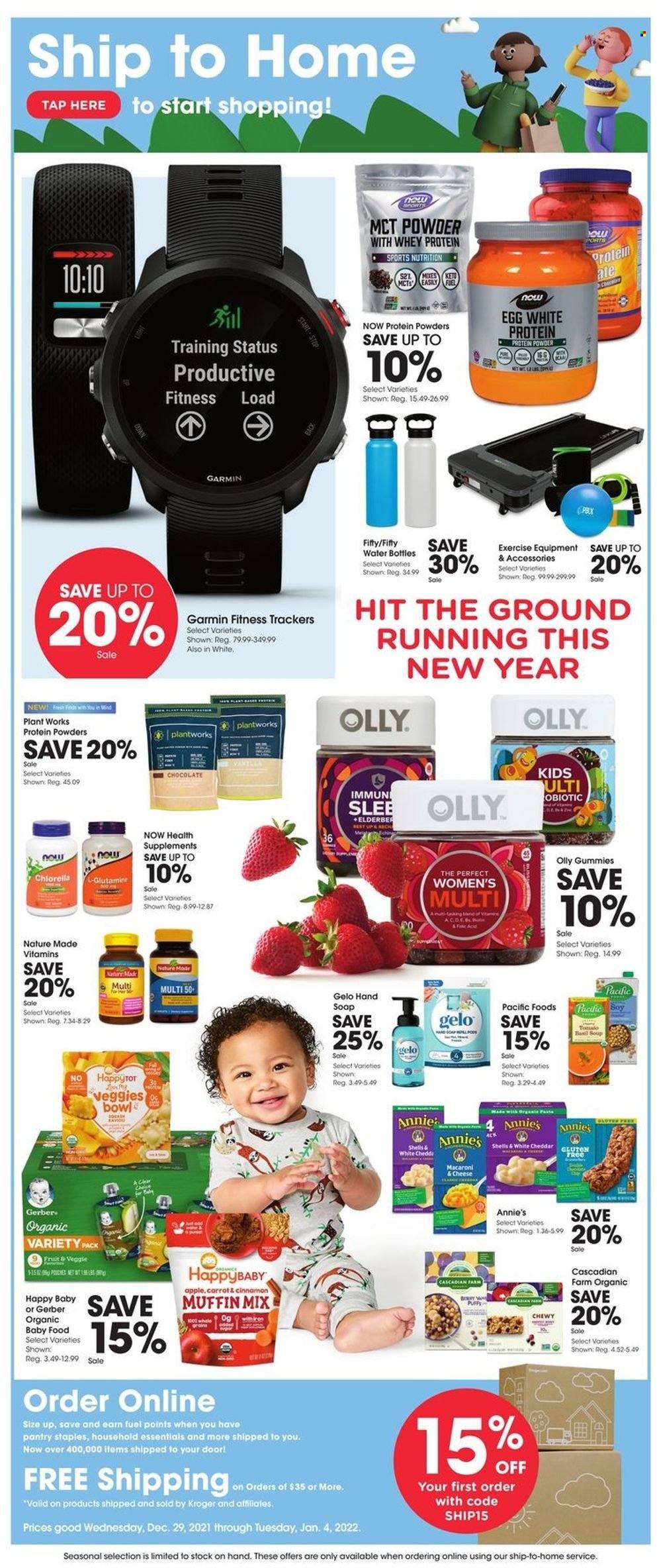 thumbnail - Kroger Flyer - 12/29/2021 - 01/04/2022 - Sales products - Apple, muffin mix, macaroni & cheese, soup, Annie's, eggs, chocolate, Gerber, esponja, cinnamon, Ron Pelicano, organic baby food, soap, drink bottle, bowl, Garmin, Nature Made, whey protein. Page 1.