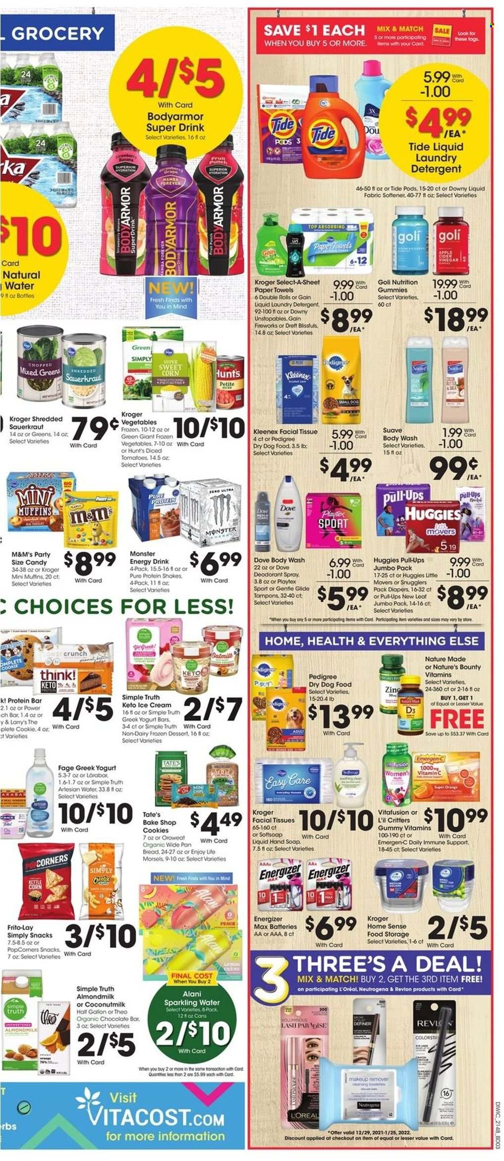 thumbnail - Dillons Flyer - 12/29/2021 - 01/04/2022 - Sales products - muffin, tomatoes, sweet corn, greek yoghurt, almond milk, protein drink, shake, ice cream, Enlightened lce Cream, frozen vegetables, cookies, snack, M&M's, chocolate bar, kettle corn, popcorn, Frito-Lay, coconut milk, sauerkraut, protein bar, energy drink, Monster, sparkling water, punch, Huggies, nappies, Dove, Kleenex, tissues, kitchen towels, paper towels, detergent, Gain, Tide, Unstopables, fabric softener, laundry detergent, Gain Fireworks, Downy Laundry, body wash, Softsoap, Suave, Playtex, tampons, facial tissues, L’Oréal, Neutrogena, anti-perspirant, deodorant, makeup remover, pan, battery, Energizer, animal food, dog food, Pedigree, dry dog food, Nature Made, Nature's Bounty, Vitafusion, vitamin c, Emergen-C, vitamin D3. Page 6.