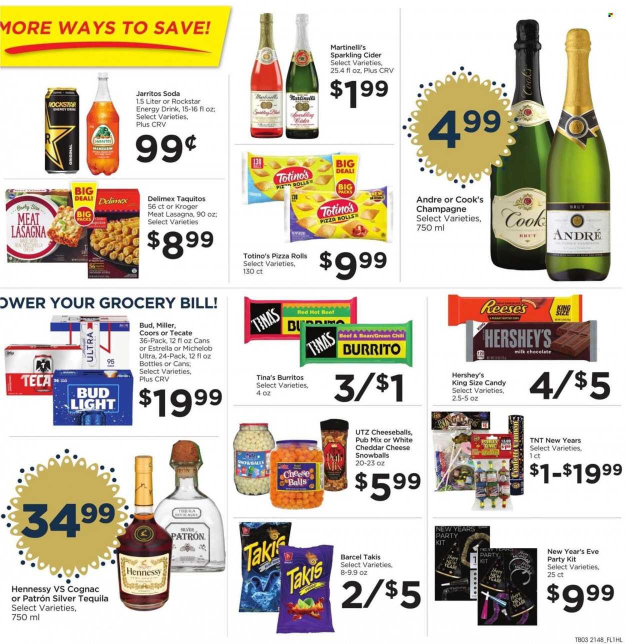 thumbnail - Food 4 Less Flyer - 12/29/2021 - 01/04/2022 - Sales products - pizza rolls, pizza, burrito, lasagna meal, taquitos, Cook's, pepperoni, cheddar, Reese's, Hershey's, milk chocolate, chocolate, peanut butter cups, energy drink, Rockstar, soda, sparkling cider, sparkling wine, champagne, cognac, tequila, Hennessy, cider, beer, Bud Light, Miller, Coors, Michelob. Page 3.