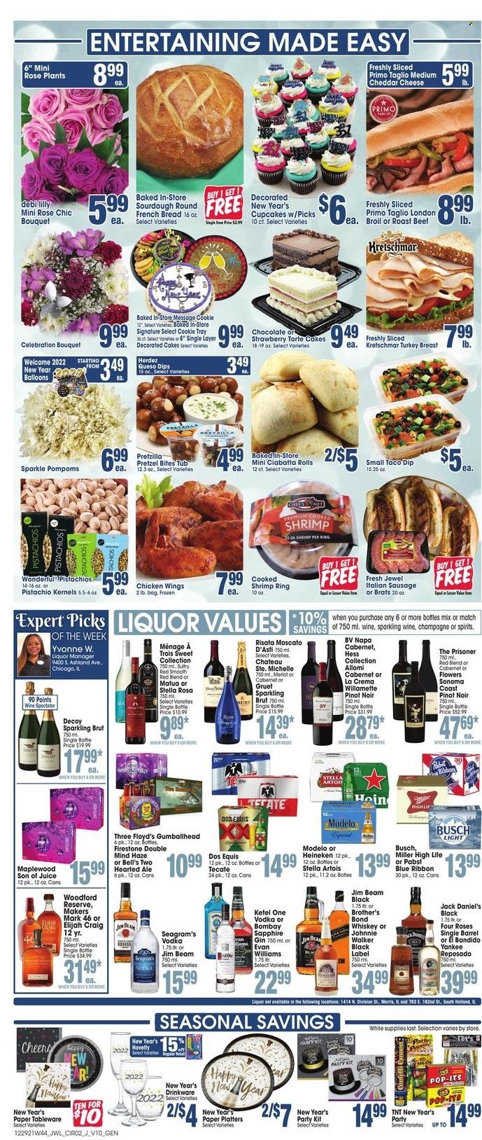 thumbnail - Jewel Osco Flyer - 12/29/2021 - 01/04/2022 - Sales products - bread, ciabatta, pretzels, cake, Blue Ribbon, french bread, cupcake, shrimps, Jack Daniel's, sausage, italian sausage, cheddar, cheese, dip, chicken wings, chocolate, Celebration, pistachios, juice, Cabernet Sauvignon, red wine, sparkling wine, champagne, wine, Pinot Noir, Moscato, rosé wine, gin, vodka, whiskey, Johnnie Walker, Jim Beam, whisky, beer, Busch, Heineken, Miller, Modelo, beef meat, roast beef, Brut, bag, drinkware, tableware, Brother, paper, balloons, bouquet, Stella Artois, Dos Equis. Page 2.