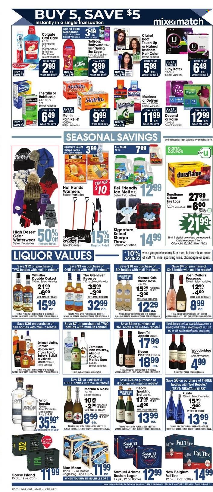 thumbnail - Jewel Osco Flyer - 12/29/2021 - 01/04/2022 - Sales products - soda, sparkling wine, prosecco, Pinot Noir, Woodbridge, rosé wine, Captain Morgan, rum, Smirnoff, tequila, vodka, whiskey, irish whiskey, Jameson, Baileys, Johnnie Walker, Absolut, Malibu, whisky, beer, Lager, Softsoap, soap bar, soap, Colgate, toothbrush, mouthwash, Kotex, Root Touch-Up, Clairol, hair color, anti-perspirant, Speed Stick, deodorant, Delsym, Mucinex, Robitussin, Theraflu, Motrin, Blue Moon. Page 8.