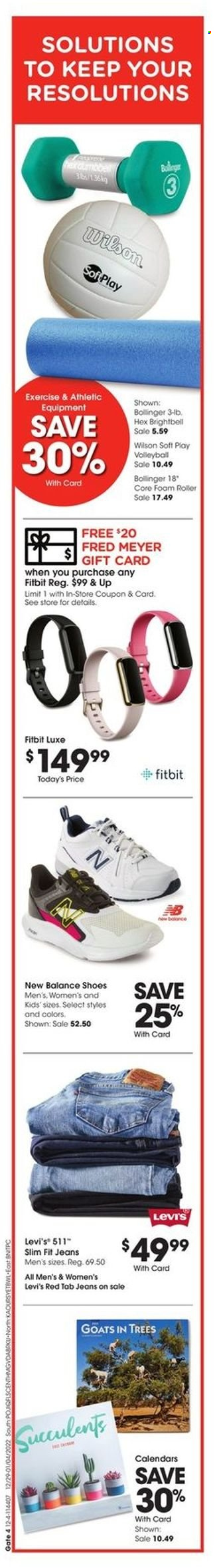 thumbnail - Fred Meyer Flyer - 12/29/2021 - 01/04/2022 - Sales products - New Balance, shoes, Fitbit, roller, Levi's, Wilson, jeans. Page 11.
