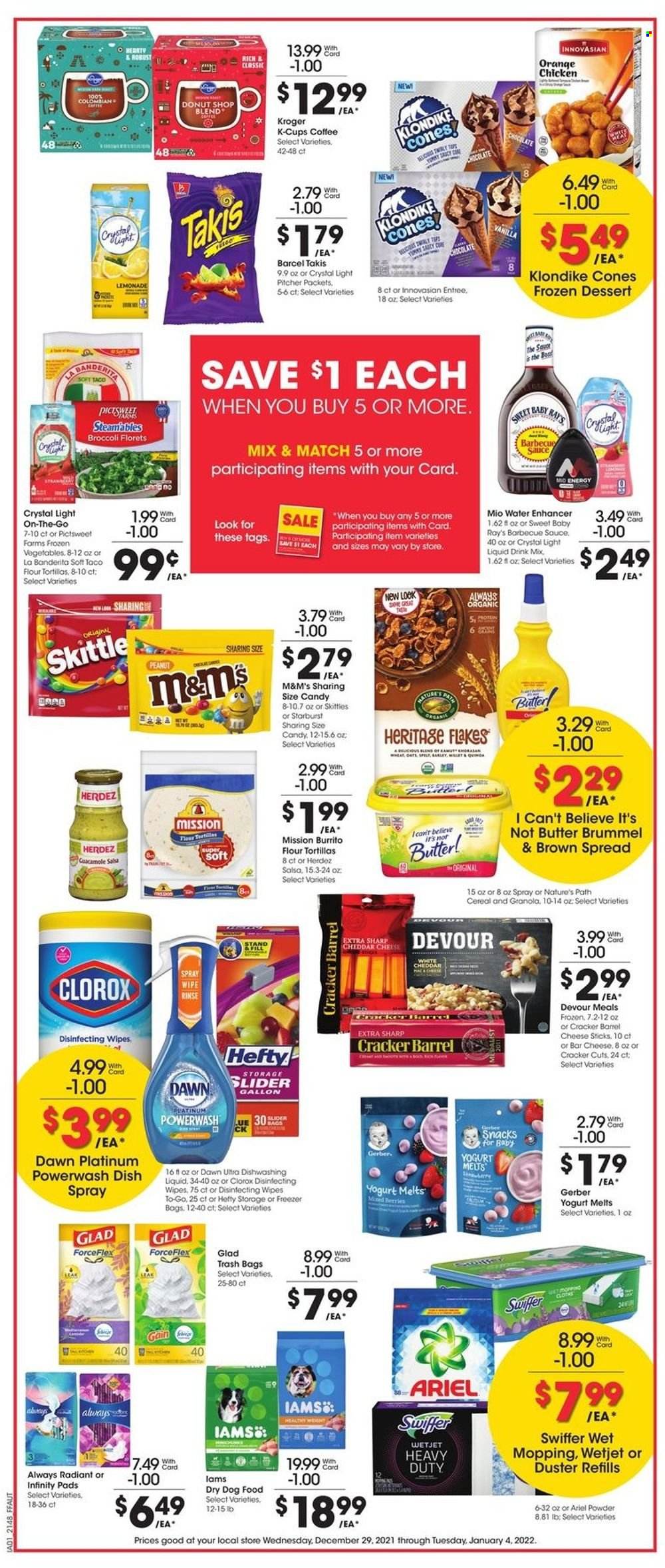thumbnail - Fry’s Flyer - 12/29/2021 - 01/04/2022 - Sales products - tortillas, flour tortillas, broccoli, oranges, burrito, cheese, yoghurt, butter, I Can't Believe It's Not Butter, frozen vegetables, Devour, cheese sticks, chocolate, snack, M&M's, crackers, Skittles, Starburst, Gerber, cereals, granola, BBQ sauce, salsa, lemonade, coffee, coffee capsules, K-Cups, wipes, Gain, Clorox, Swiffer, Ariel, dishwashing liquid, Infinity, Hefty, trash bags, gallon, duster, WetJet, pitcher, straw, animal food, dog food, dry dog food, Iams, freezer. Page 4.