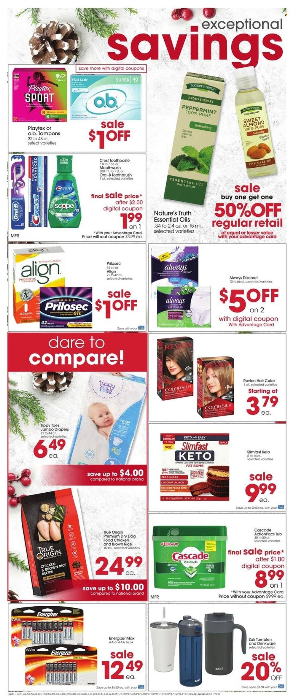 thumbnail - Giant Eagle Flyer - 12/30/2021 - 01/05/2022 - Sales products - Slimfast, snack, peanut butter, mutton meat, nappies, Cascade, toothbrush, Oral-B, toothpaste, mouthwash, Crest, Playtex, Always Discreet, tampons, Revlon, hair color, drinkware, tumbler, essential oils, Energizer, animal food, dog food, dry dog food, Nature's Truth. Page 7.