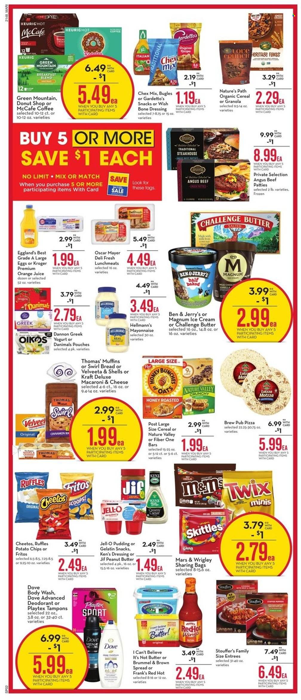thumbnail - Mariano’s Flyer - 12/29/2021 - 01/04/2022 - Sales products - bread, muffin, macaroni & cheese, pizza, lasagna meal, Kraft®, Oscar Mayer, lunch meat, pudding, yoghurt, Oikos, Dannon, Danimals, large eggs, I Can't Believe It's Not Butter, mayonnaise, Hellmann’s, Magnum, ice cream, Ben & Jerry's, Stouffer's, snack, Twix, Mars, Skittles, Fritos, potato chips, Cheetos, Ruffles, Chex Mix, oats, Jell-O, cereals, granola, Nature Valley, Fiber One, dressing, honey, peanut butter, Jif, orange juice, juice, coffee, McCafe, Keurig, breakfast blend, Green Mountain, beef meat, bunches. Page 2.