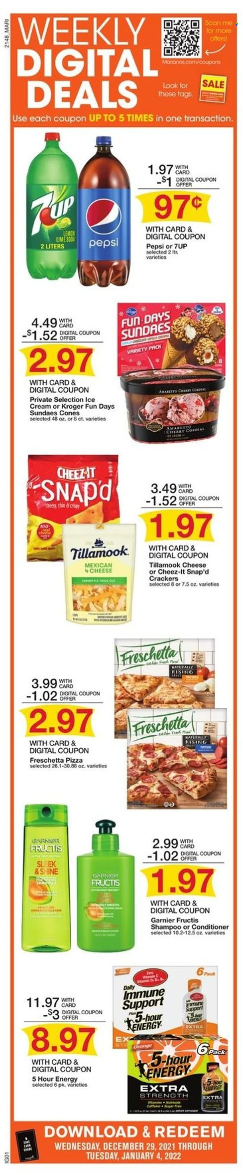 thumbnail - Mariano’s Flyer - 12/29/2021 - 01/04/2022 - Sales products - cherries, oranges, pizza, ice cream, crackers, Cheez-It, Pepsi, 7UP, Amaretto. Page 12.