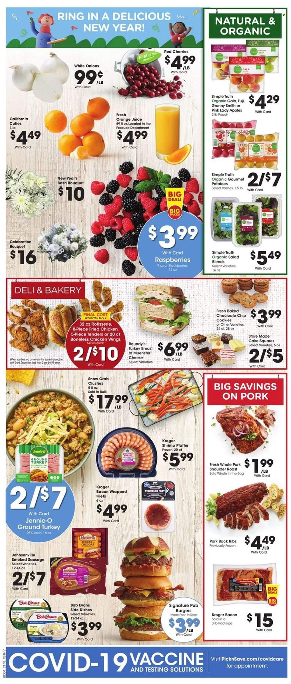 thumbnail - Pick ‘n Save Flyer - 12/29/2021 - 01/04/2022 - Sales products - cake, cake squares, potatoes, onion, salad, apples, Gala, cherries, Granny Smith, Pink Lady, crab, shrimps, hamburger, fried chicken, Bob Evans, bacon, Johnsonville, sausage, smoked sausage, cheese, Münster cheese, chicken wings, cookies, Celebration, orange juice, juice, ground turkey, turkey breast, pork meat, pork ribs, pork roast, pork shoulder, pork back ribs, bouquet. Page 8.