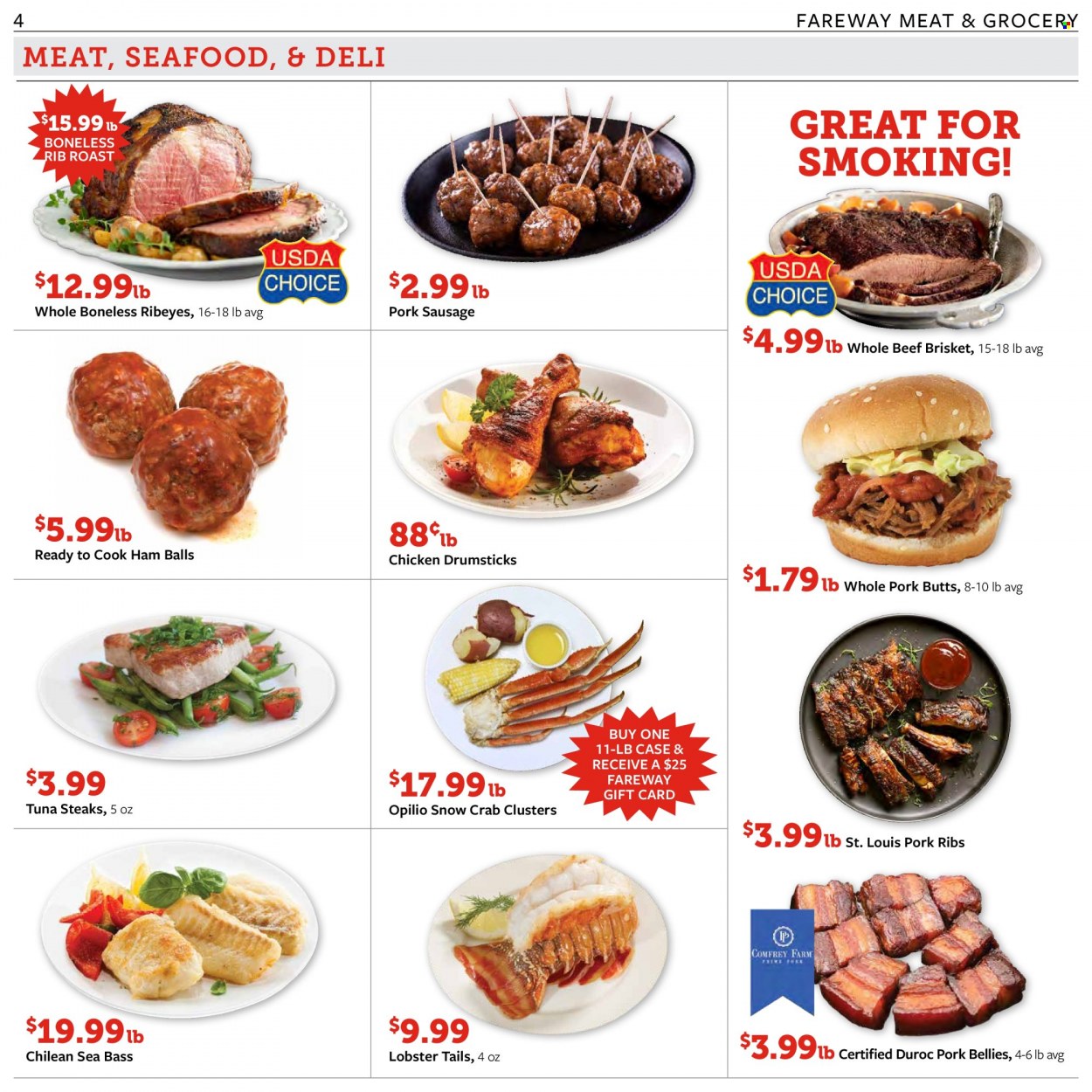 thumbnail - Fareway Flyer - 12/28/2021 - 01/03/2022 - Sales products - lobster, sea bass, tuna, seafood, crab, lobster tail, ham, sausage, pork sausage, chicken drumsticks, beef meat, steak, beef brisket, pork belly, pork meat, pork ribs. Page 4.