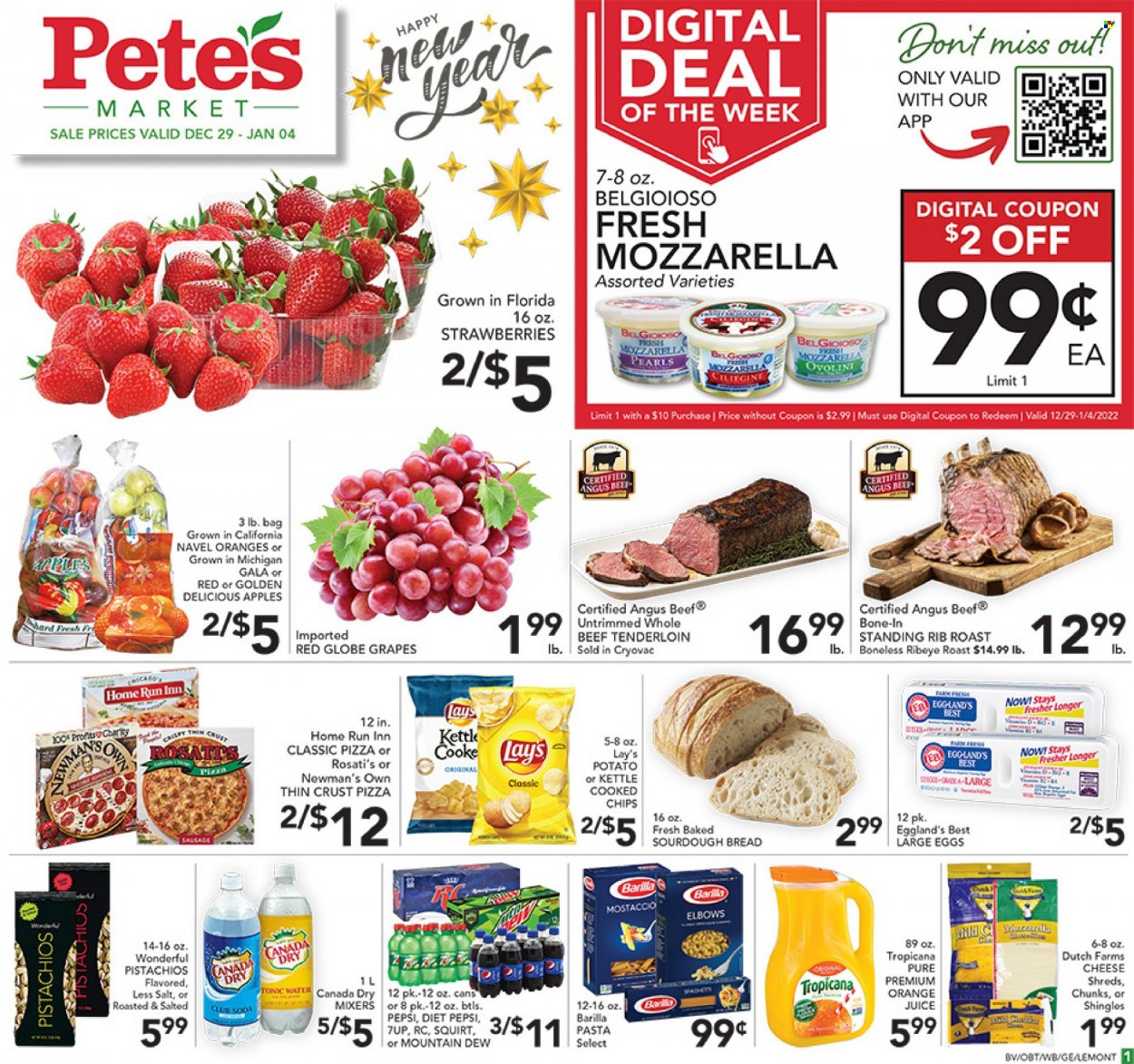thumbnail - Pete's Fresh Market Flyer - 12/29/2021 - 01/04/2022 - Sales products - bread, sourdough bread, Gala, grapes, Red Globe, strawberries, Golden Delicious, pizza, pasta, Barilla, large eggs, chips, Lay’s, pistachios, Canada Dry, Mountain Dew, Pepsi, orange juice, juice, tonic, Diet Pepsi, 7UP, Club Soda, beef meat, beef tenderloin, navel oranges. Page 1.