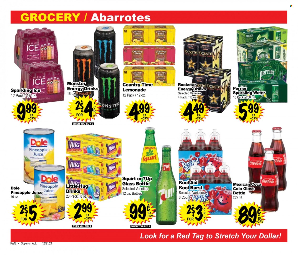 thumbnail - Superior Grocers Flyer - 12/21/2021 - 01/24/2022 - Sales products - Dole, pineapple, Coca-Cola, lemonade, pineapple juice, juice, energy drink, Monster, 7UP, Monster Energy, Perrier, Country Time, sparkling water, glass bottle. Page 12.