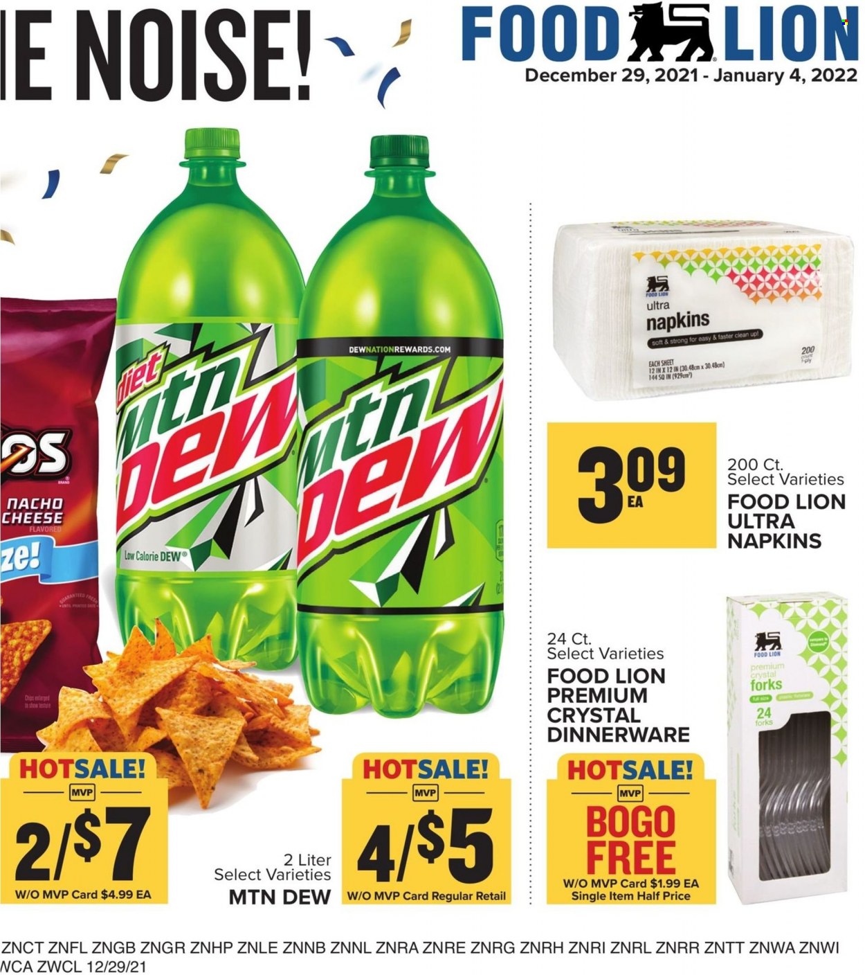 thumbnail - Food Lion Flyer - 12/29/2021 - 01/04/2022 - Sales products - cheese, Mountain Dew, napkins, dinnerware set. Page 10.