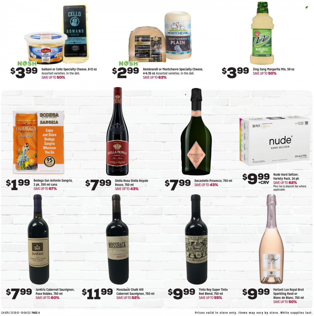 thumbnail - Grocery Outlet Flyer - 12/29/2021 - 01/04/2022 - Sales products - sauce, goat cheese, gouda, mozzarella, cheese, Galbani, Montchevre, sweetener, Margarita Mix, Cabernet Sauvignon, prosecco, rosé wine, Hard Seltzer, Lux, Brut. Page 4.