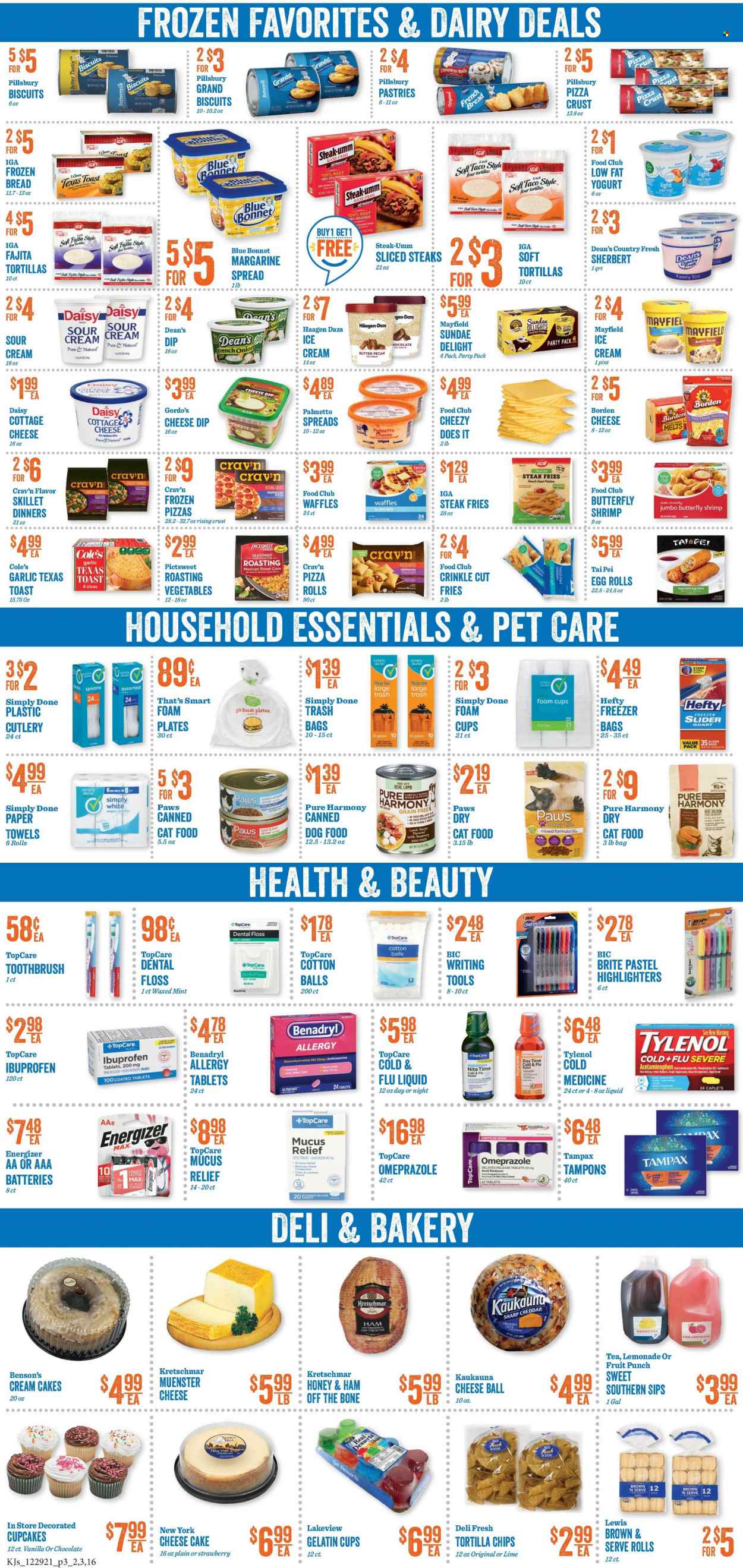 thumbnail - KJ´s Market Flyer - 12/29/2021 - 01/04/2022 - Sales products - bread, cake, pizza rolls, flour tortillas, french bread, cinnamon roll, cupcake, waffles, garlic, shrimps, pizza, egg rolls, Pillsbury, fajita, ham, ham off the bone, pepperoni, cottage cheese, Münster cheese, yoghurt, buttermilk, margarine, sour cream, Häagen-Dazs, potato fries, biscuit, tortilla chips, brown rice, rosemary, honey, lemonade, fruit punch, tea, Sol, cotton balls, kitchen towels, paper towels, toothbrush, Tampax, tampons, Brite, BIC, Hefty, trash bags, spoon, plate, cup, freezer bag, foam plates, foam cup, Energizer, AAA batteries, Paws, animal food, cat food, dog food, Pure Harmony, Cold & Flu, Tylenol, Ibuprofen, gelatin. Page 3.