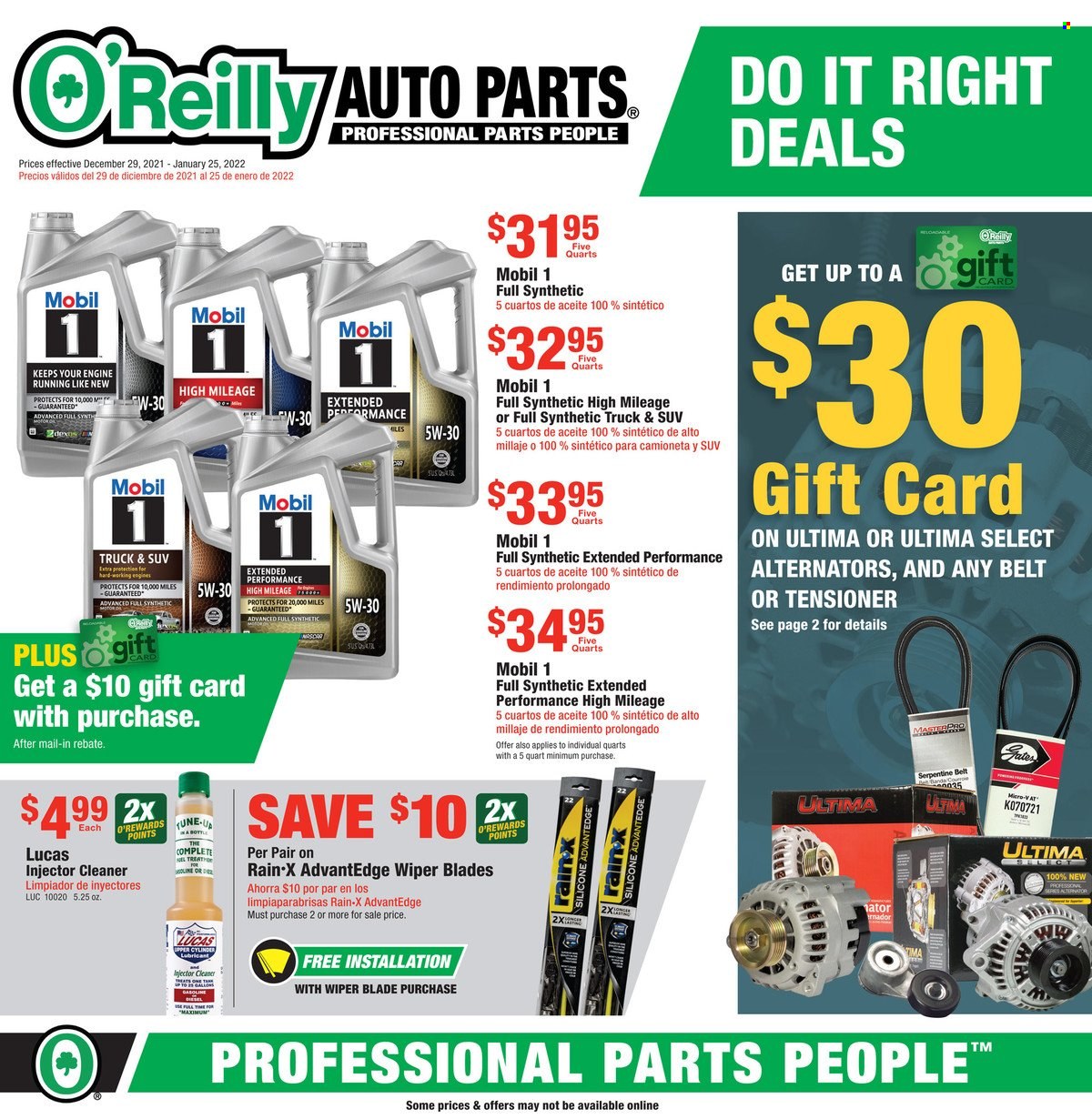 thumbnail - O'Reilly Auto Parts Flyer - 12/29/2021 - 01/25/2022 - Sales products - belt, wiper blades, Lucas, injector cleaner, cleaner, Rain-X, Mobil. Page 1.