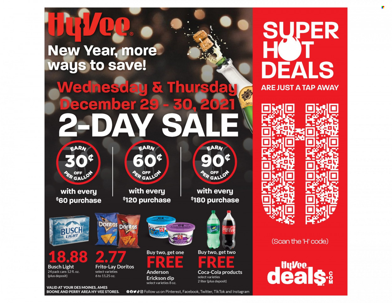thumbnail - Hy-Vee Flyer - 12/29/2021 - 01/24/2022 - Sales products - dip, Doritos, Frito-Lay, Coca-Cola, Sprite, beer, Busch. Page 1.