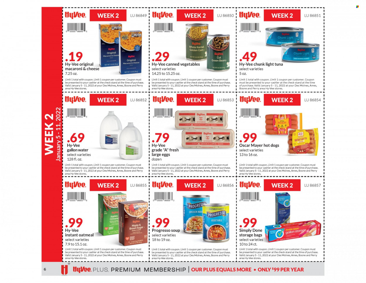 thumbnail - Hy-Vee Flyer - 12/29/2021 - 01/24/2022 - Sales products - beans, corn, green beans, apples, tuna, macaroni & cheese, hot dog, Progresso, Oscar Mayer, large eggs, oatmeal, tuna in water, canned vegetables, light tuna, storage bag, gallon. Page 6.