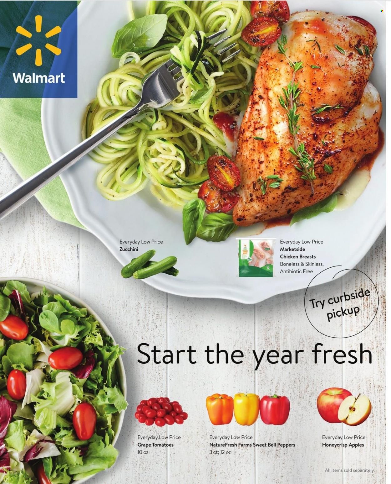 thumbnail - Walmart Flyer - 12/29/2021 - 02/01/2022 - Sales products - bell peppers, tomatoes, zucchini, peppers, apples, chicken breasts. Page 1.