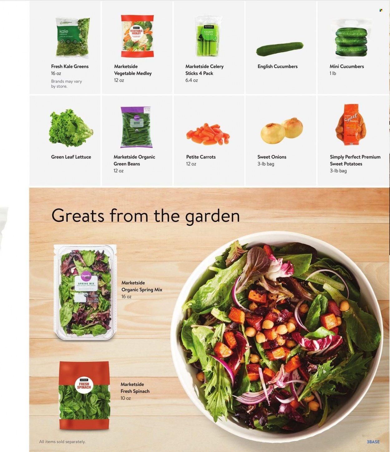 thumbnail - Walmart Flyer - 12/29/2021 - 02/01/2022 - Sales products - beans, carrots, cucumber, green beans, spinach, sweet potato, kale, potatoes, celery sticks. Page 3.