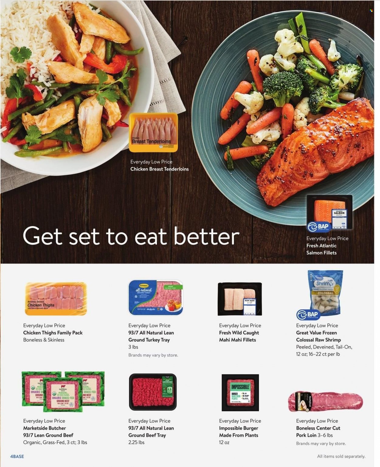 thumbnail - Walmart Flyer - 12/29/2021 - 02/01/2022 - Sales products - mahi mahi, salmon, salmon fillet, shrimps, hamburger, beef burger, ground turkey, chicken breasts, chicken thighs, beef meat, ground beef, pork loin, pork meat, tray. Page 4.
