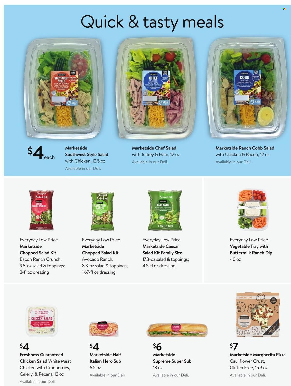 thumbnail - Walmart Flyer - 12/29/2021 - 02/01/2022 - Sales products - salad, chopped salad, avocado, pizza, bacon, ham, chicken salad, buttermilk, dip, cranberries, dressing, pecans, tray. Page 5.