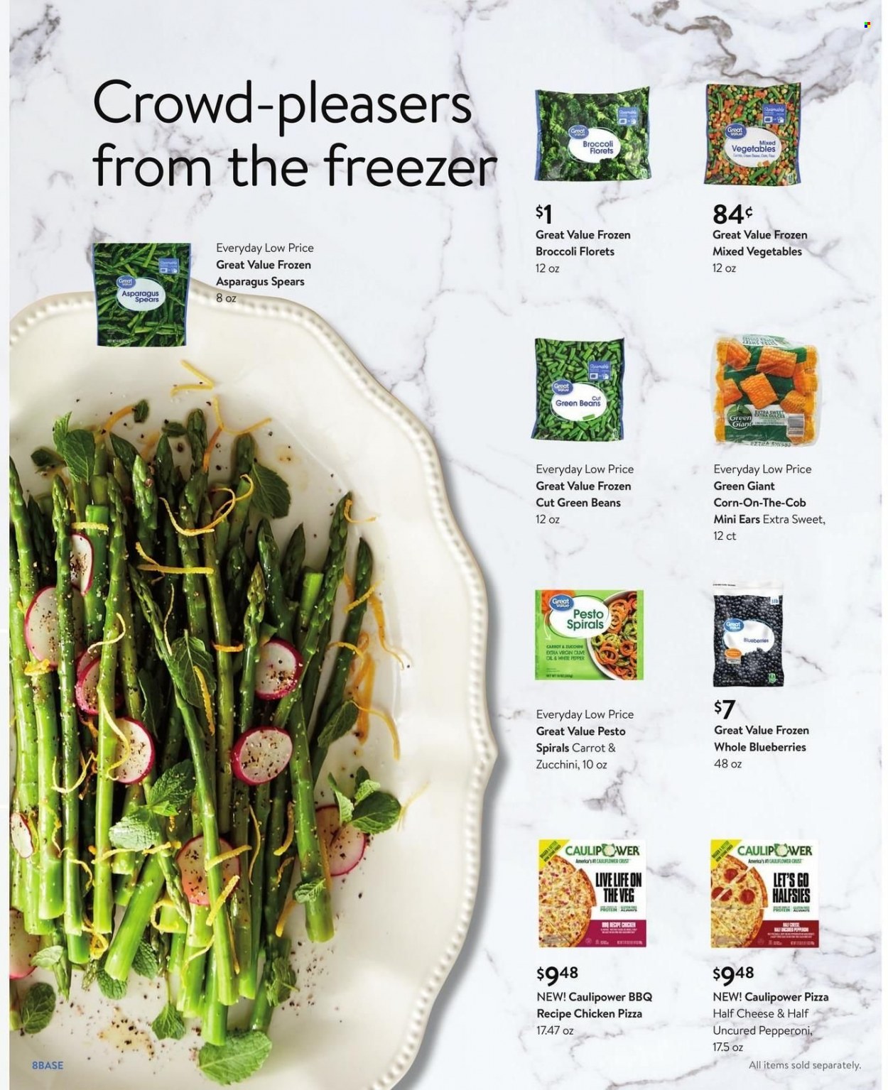 thumbnail - Walmart Flyer - 12/29/2021 - 02/01/2022 - Sales products - beans, broccoli, corn, green beans, zucchini, blueberries, pizza, pepperoni, mixed vegetables, pesto. Page 8.