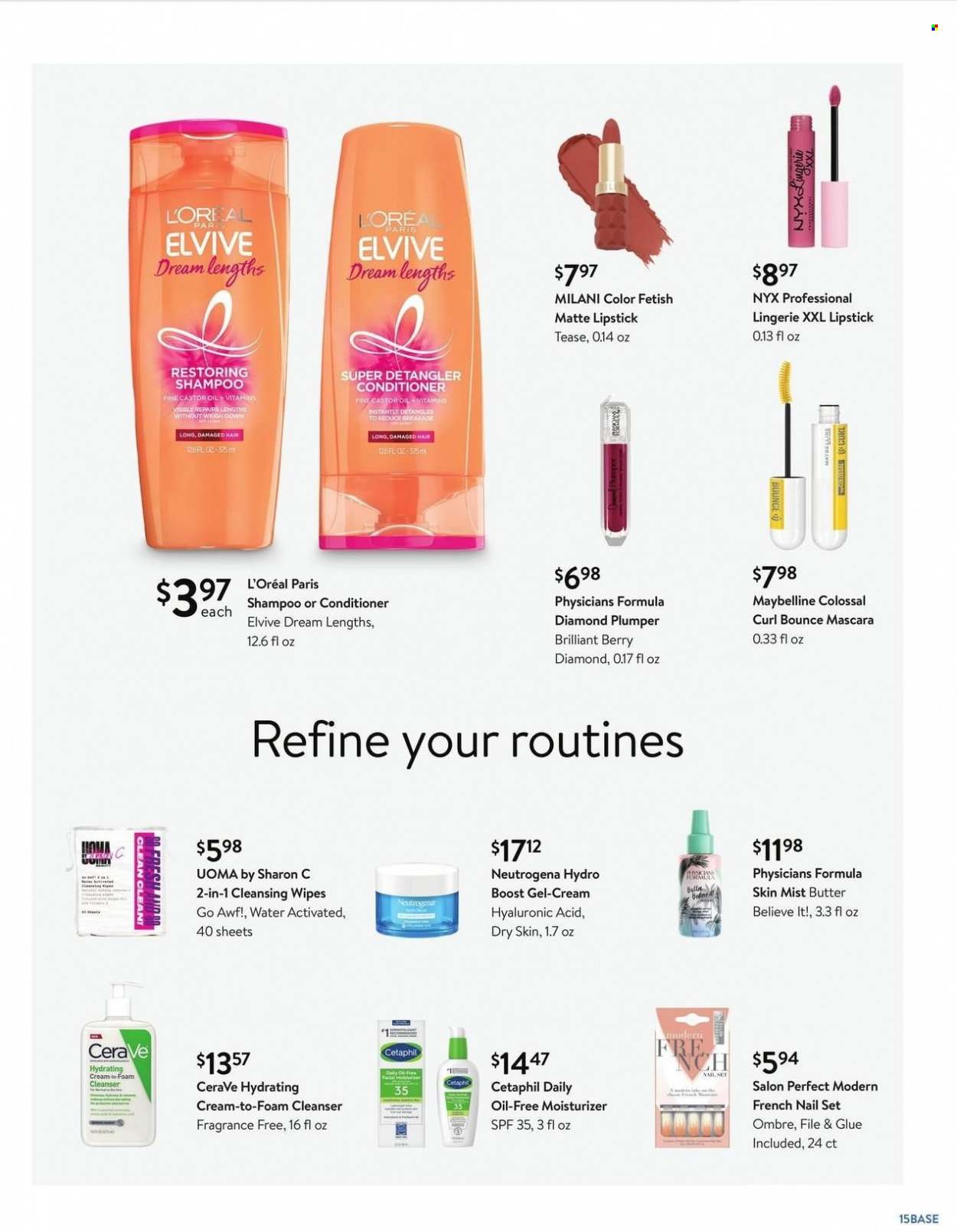 thumbnail - Walmart Flyer - 12/29/2021 - 02/01/2022 - Sales products - Bella, butter, Boost, cleansing wipes, wipes, Bounce, shampoo, CeraVe, cleanser, L’Oréal, moisturizer, Neutrogena, NYX Cosmetics, conditioner, lipstick, mascara, Maybelline. Page 15.