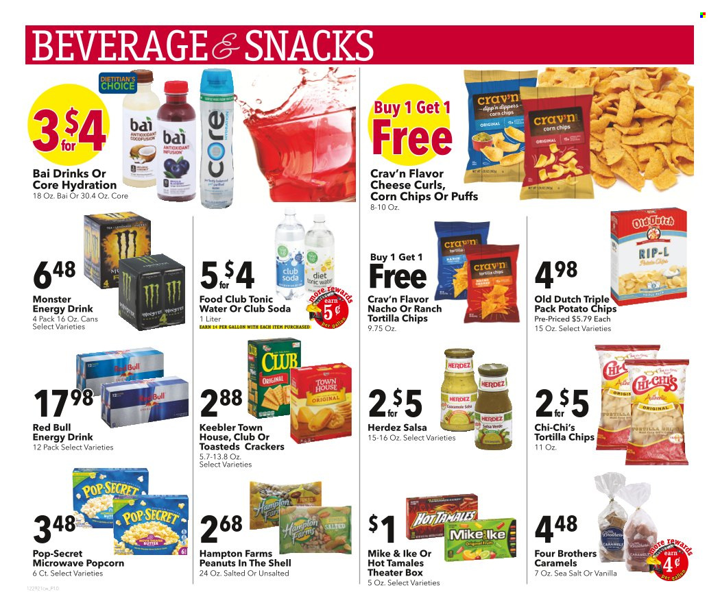 thumbnail - Cash Wise Flyer - 12/29/2021 - 01/04/2022 - Sales products - puffs, Four Brothers, cheese, snack, crackers, Keebler, tortilla chips, potato chips, chips, corn chips, popcorn, salsa, peanuts, energy drink, Monster, tonic, Red Bull, Bai, Club Soda. Page 10.