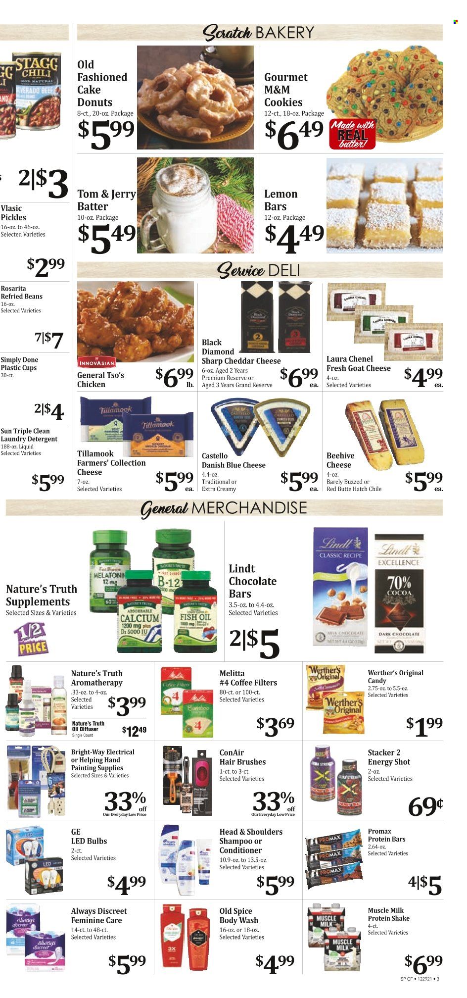 thumbnail - Rosauers Flyer - 12/29/2021 - 01/04/2022 - Sales products - cake, donut, blue cheese, goat cheese, cheddar, cheese, protein drink, shake, muscle milk, butter, cookies, chocolate, Lindt, M&M's, dark chocolate, refried beans, pickles, protein bar, spice, oil, coffee, detergent, laundry detergent, body wash, shampoo, Old Spice, Always Discreet, conditioner, Head & Shoulders, bulb, LED bulb, calcium, fish oil, Melatonin, Nature's Truth. Page 3.