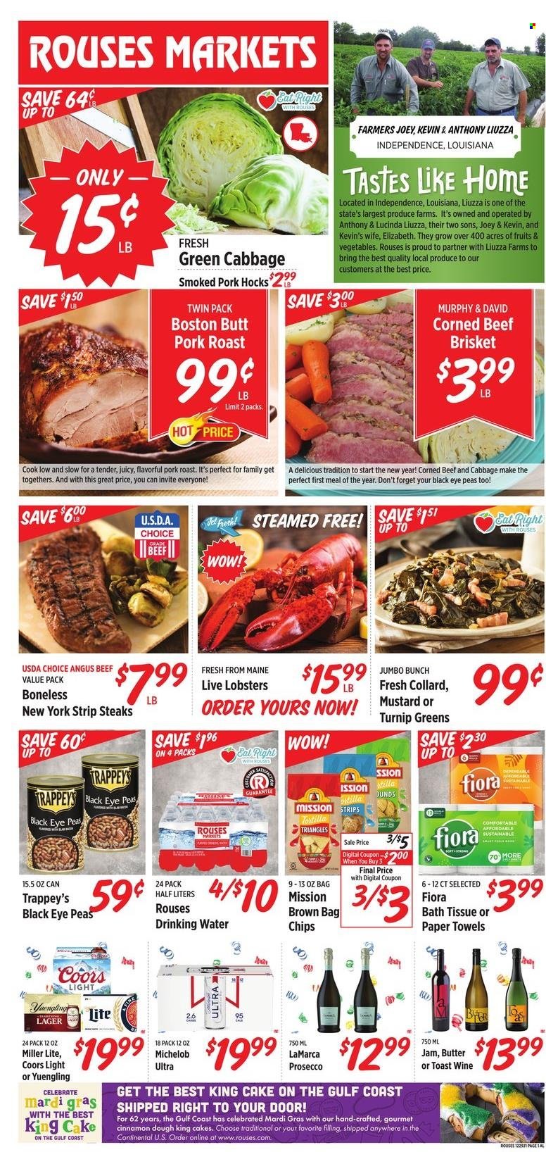 thumbnail - Rouses Markets Flyer - 12/29/2021 - 01/05/2022 - Sales products - cake, lobster, corned beef, smoked pork hock, butter, strips, chips, cinnamon, mustard, fruit jam, prosecco, wine, beer, Lager, beef meat, steak, striploin steak, beef brisket, pork meat, pork roast, bath tissue, kitchen towels, paper towels, Miller Lite, Coors, Yuengling, Michelob. Page 1.