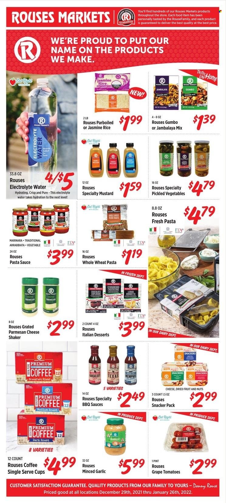 thumbnail - Rouses Markets Flyer - 12/29/2021 - 01/26/2022 - Sales products - pasta sauce, parmesan, cheese, rice, jasmine rice, mustard, dried fruit, coffee, breakfast blend. Page 1.