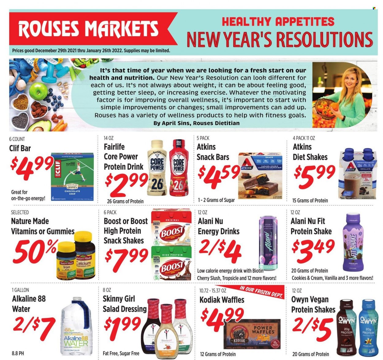 thumbnail - Rouses Markets Flyer - 12/29/2021 - 01/26/2022 - Sales products - waffles, cherries, protein drink, Core Power, shake, cookies, snack, dark chocolate, snack bar, protein snack, energy bar, caramel, salad dressing, dressing, honey, energy drink, Boost, Biotin, calcium, Nature Made, zinc. Page 1.