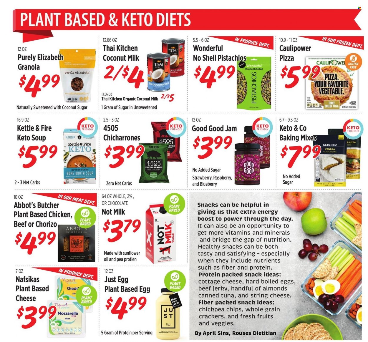 thumbnail - Rouses Markets Flyer - 12/29/2021 - 01/26/2022 - Sales products - cake mix, pizza, soup, beef jerky, jerky, chorizo, cottage cheese, string cheese, eggs, butter, chocolate, snack, crackers, coconut sugar, canned tuna, coconut milk, granola, fruit jam, almonds, pistachios, Boost. Page 2.