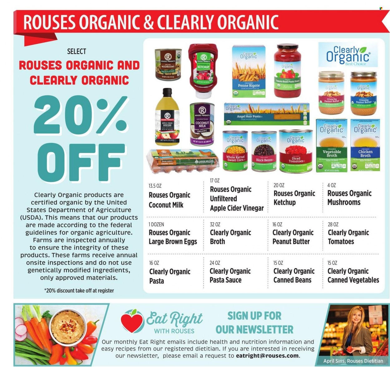 thumbnail - Rouses Markets Flyer - 12/29/2021 - 01/26/2022 - Sales products - corn, pasta sauce, eggs, chicken broth, broth, black beans, coconut milk, canned vegetables, Clearly Organic, penne, esponja, ketchup, apple cider vinegar, vinegar, peanut butter. Page 4.