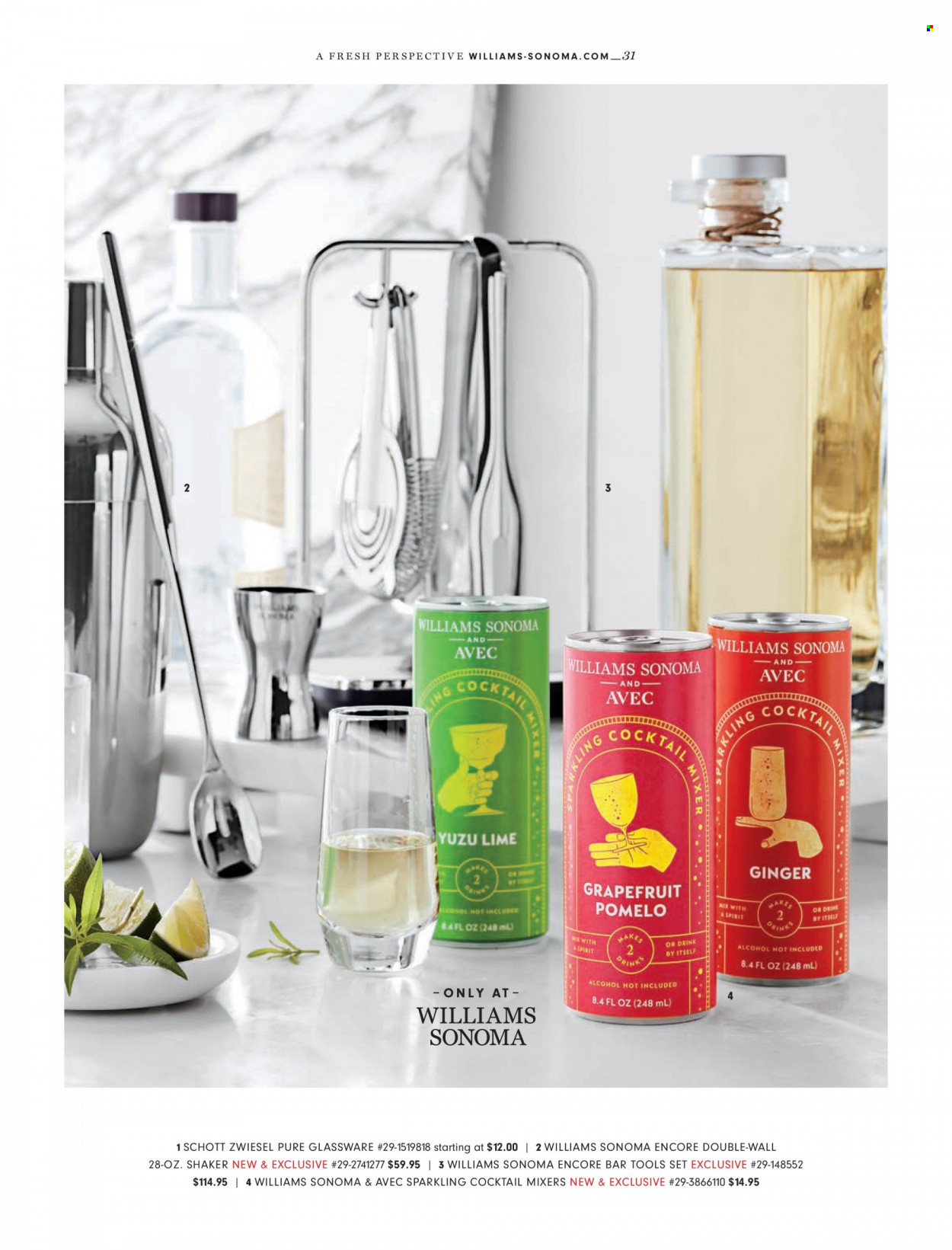 thumbnail - Williams-Sonoma Flyer - 12/29/2021 - 03/25/2022 - Sales products - glassware set, shaker, mixer. Page 31.
