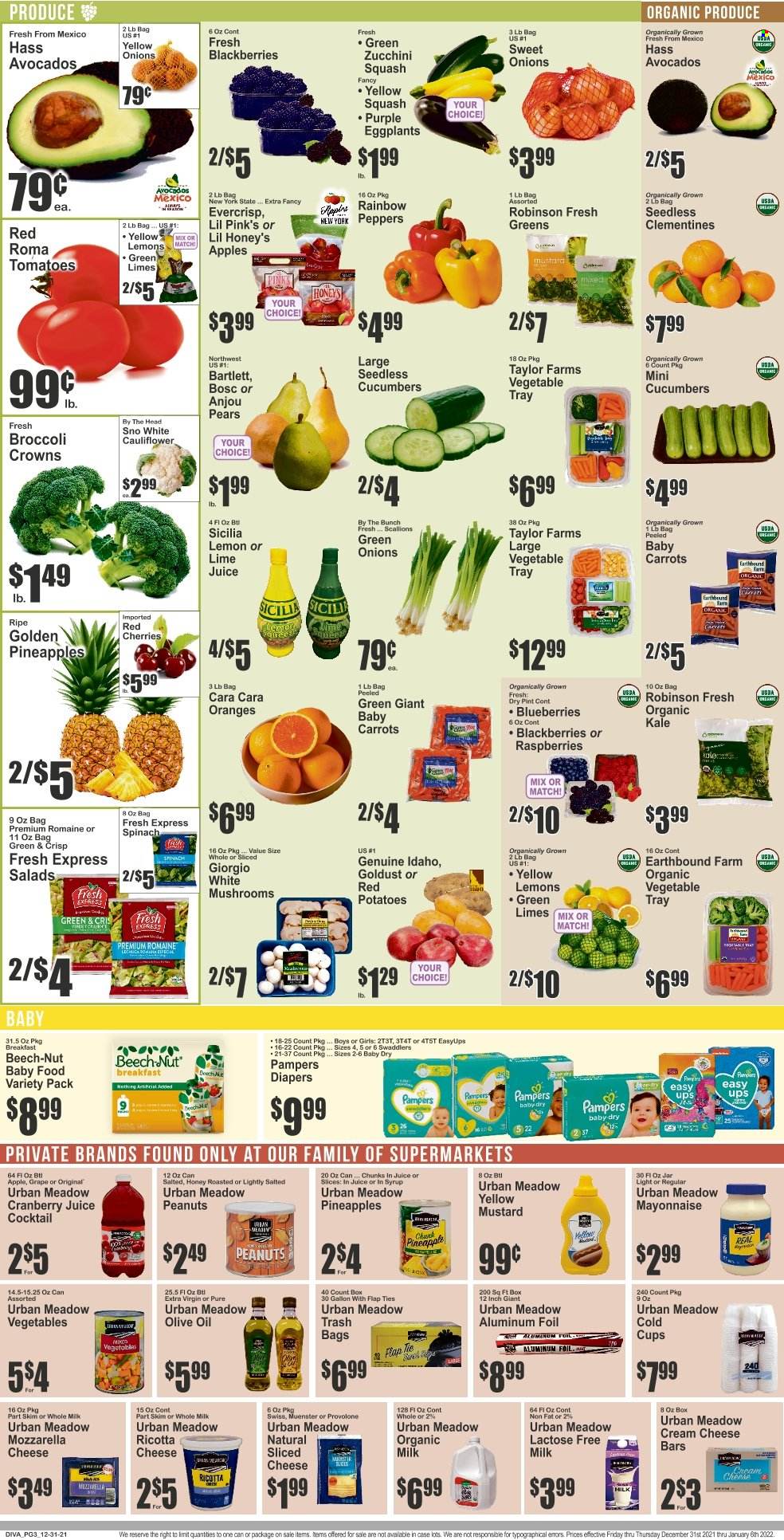 thumbnail - Key Food Flyer - 12/31/2021 - 01/06/2022 - Sales products - mushrooms, carrots, cauliflower, cucumber, spinach, tomatoes, zucchini, kale, potatoes, peppers, eggplant, green onion, red potatoes, yellow squash, apples, avocado, blackberries, limes, pineapple, pears, oranges, cream cheese, mozzarella, ricotta, sliced cheese, cheese, Münster cheese, Provolone, organic milk, lactose free milk, mayonnaise, mustard, extra virgin olive oil, olive oil, honey, peanuts, cranberry juice, Pampers, nappies, trash bags, tray, cup, clementines, lemons. Page 3.