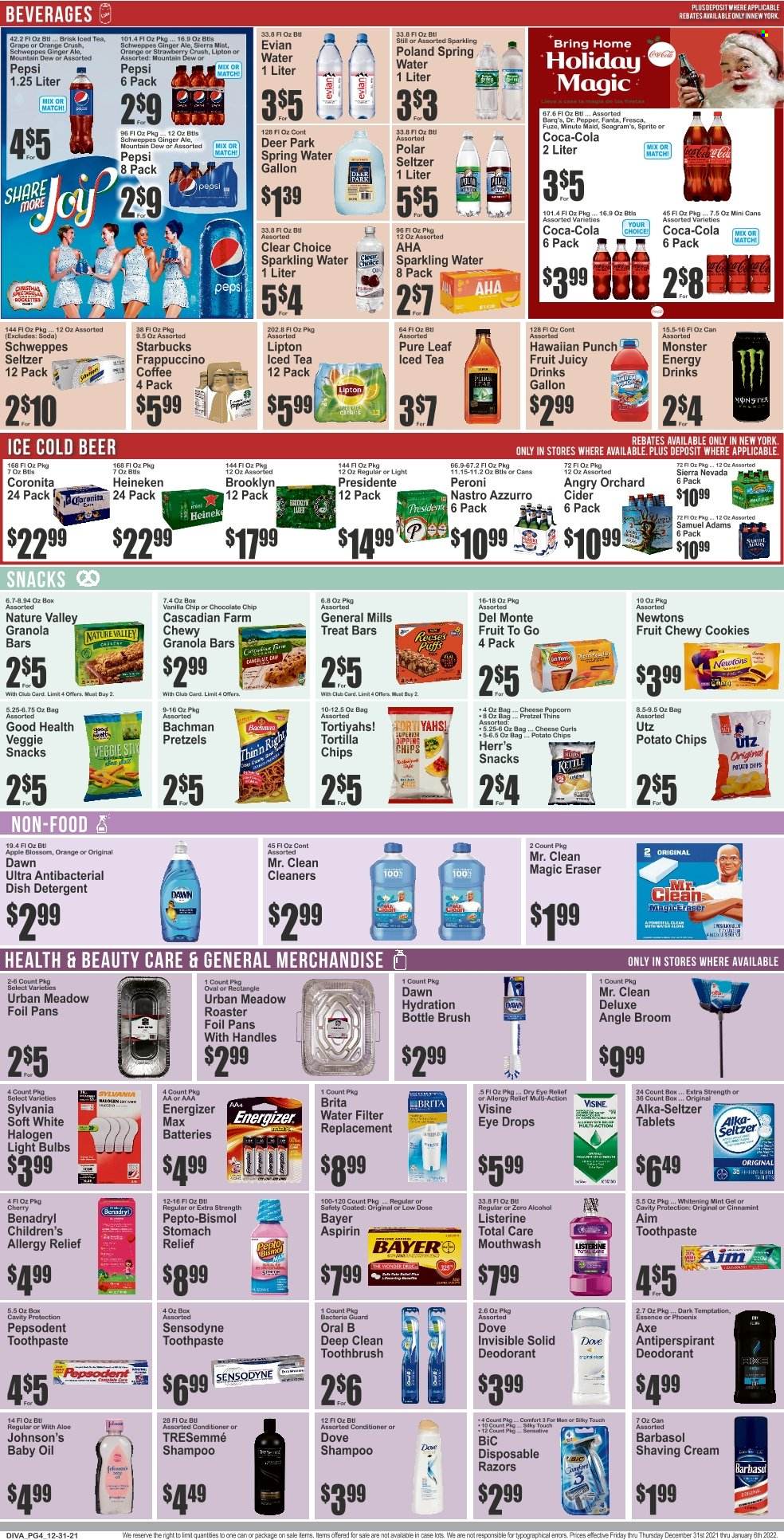 thumbnail - Key Food Flyer - 12/31/2021 - 01/06/2022 - Sales products - pretzels, puffs, oranges, cheese, Blossom, cookies, snack, tortilla chips, potato chips, chips, Thins, popcorn, granola bar, Nature Valley, oil, Coca-Cola, ginger ale, Mountain Dew, Schweppes, Sprite, Pepsi, Fanta, energy drink, Monster, Lipton, ice tea, Dr. Pepper, Monster Energy, Sierra Mist, fruit punch, Evian, Pure Leaf, coffee, Starbucks, frappuccino, alcohol, cider, beer, Heineken, Peroni, Johnson's, baby oil, Dove, detergent, shampoo, Listerine, toothbrush, Oral-B, toothpaste, Sensodyne, mouthwash, Pepsodent, conditioner, TRESemmé, anti-perspirant, deodorant, BIC, Barbasol, disposable razor, broom, angle broom, bottle brush, battery, bulb, Energizer, light bulb, Sylvania, water filter, Pepto-bismol, eye drops, Alka-seltzer, Low Dose, aspirin, Bayer, allergy relief. Page 4.