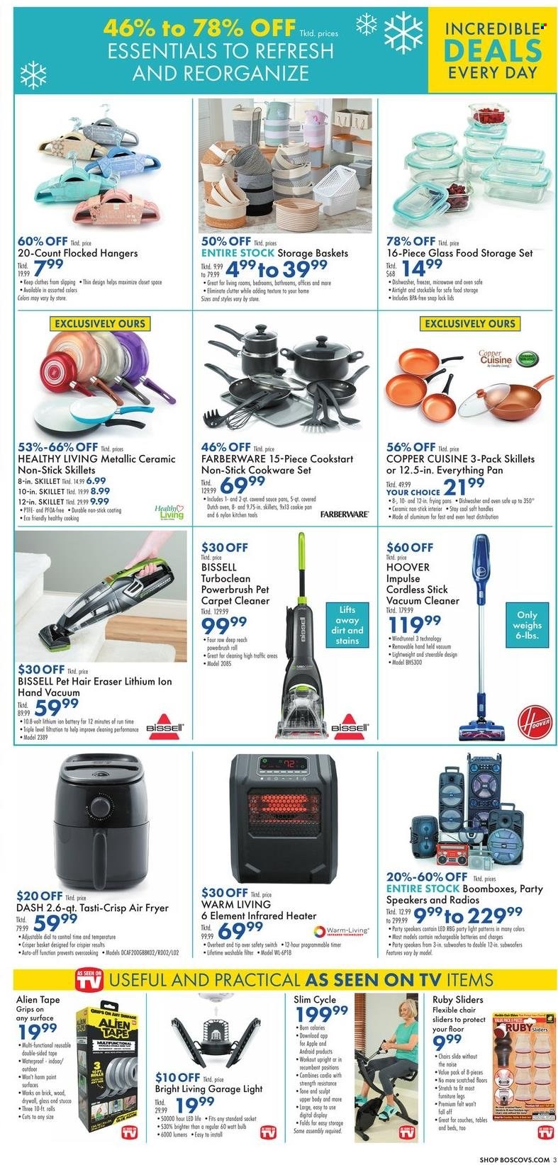 thumbnail - Boscov's Flyer - 12/30/2021 - 01/05/2022 - Sales products - Dial, basket, hanger, cookware set, pan, cast iron dutch oven, kitchen tools, storage container set, eraser, bulb, speaker, Bissell, vacuum cleaner, air fryer, table, chair, bed, belt. Page 3.
