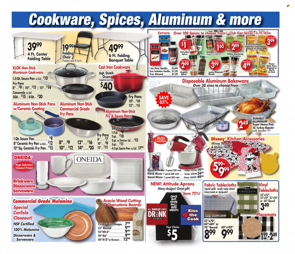 thumbnail - Ocean State Job Lot Flyer - 12/30/2021 - 01/05/2022 - Sales products - vanilla extract, spice, cinnamon, Disney, Mickey Mouse, cookware set, dinnerware set, drinkware, lid, pan, casserole, saucepan, serveware, bakeware, cast iron dutch oven, Minnie Mouse, tablecloth, placemat, linens, mixer, stand mixer, hand mixer, roaster, hand blender, grinder, chair, table, folding table. Page 16.