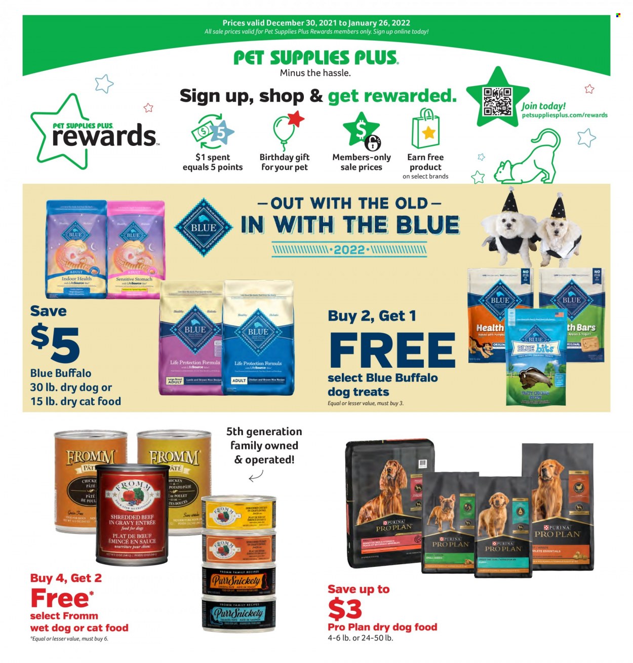 thumbnail - Pet Supplies Plus Flyer - 12/30/2021 - 01/26/2022 - Sales products - animal food, Blue Buffalo, cat food, dog food, PRO PLAN, Purina, dry dog food, dry cat food. Page 1.