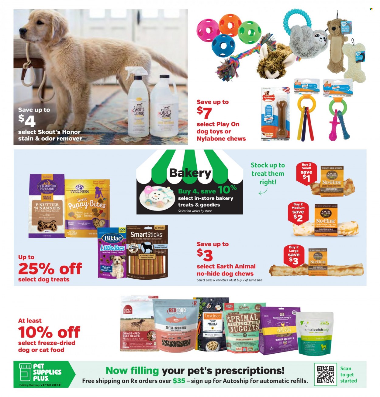 thumbnail - Pet Supplies Plus Flyer - 12/30/2021 - 01/26/2022 - Sales products - dog toy, Nylabone, Play On, animal food, animal treats, cat food, dog food, dog biscuits, dog chews, Primal, Stella & Chewy's, Open Farm. Page 2.